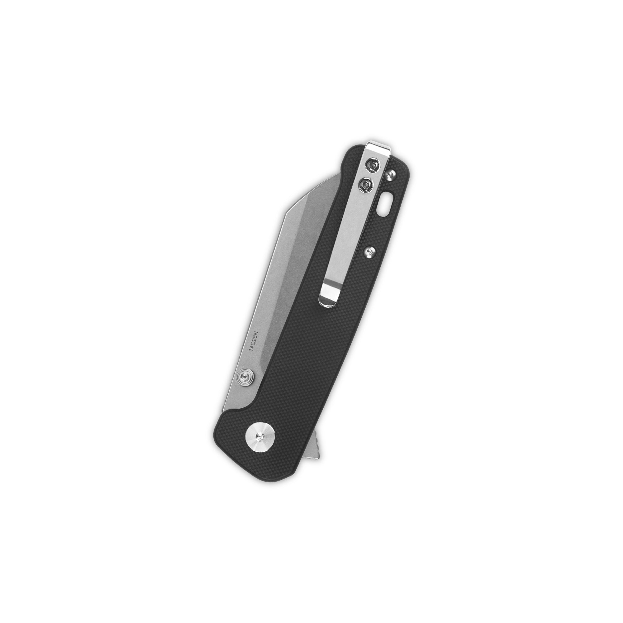 QSP Penguin Button Lock Pocket Knife - 14C28N Stainless Steel Blade, Black G10 Handle - EDC Folding Knife for Camping, Hiking & Everyday Carry
