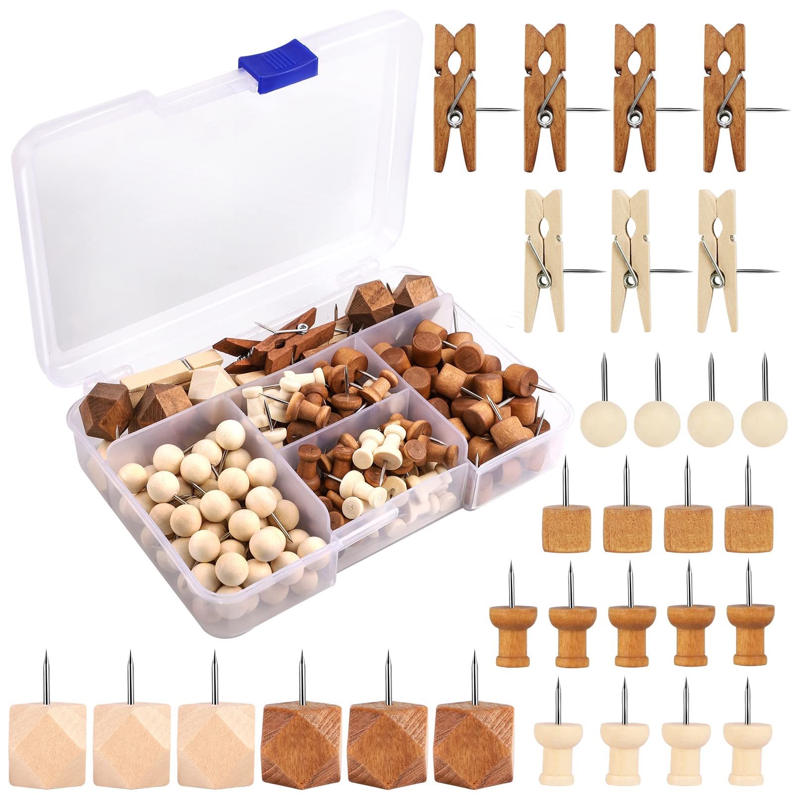 200 Pieces Decorative Push Pins - Wood Thumb Tacks for Cork Boards, Bulletin Boards, Maps & Photos - 2 Colors, 5 Styles - Perfect for Office, Home, Teachers & Coworkers - Great for Organizing Notes, Photos and Office Decor
