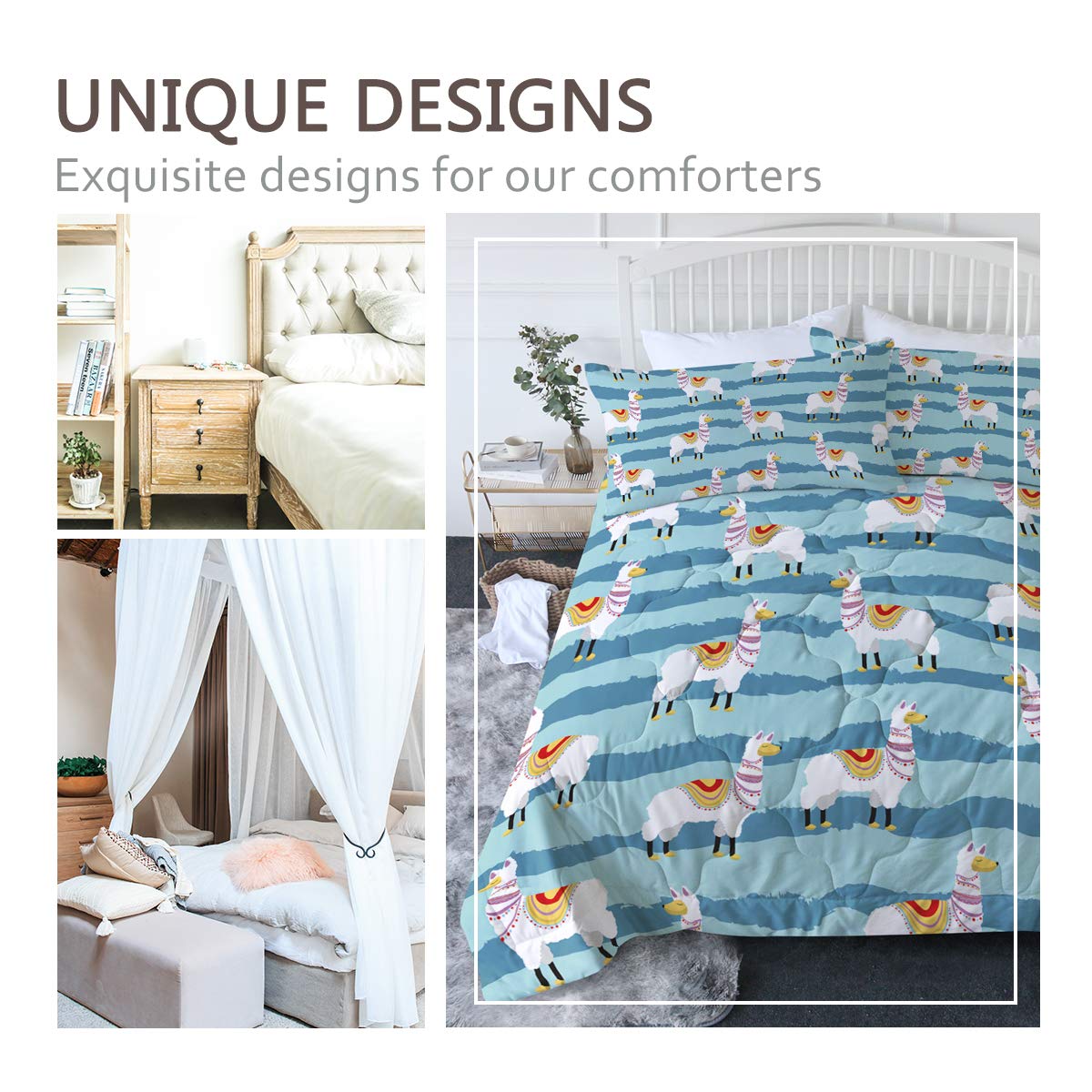 BlessLiving 3-Piece Cartoon Alpaca & Llama Comforter Set - Blue Stripes Boho Southwestern Bedding, Twin/Twin XL Size, Soft & Machine Washable - Perfect for Kids' Rooms, Dorm Decor & Cozy Bedroom Makeovers