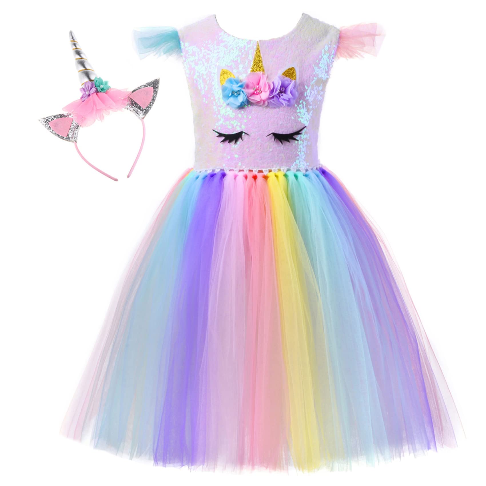 Sparkly Unicorn Dress for Girls - Rainbow Sequin Tutu Costume with Matching Headband | Birthday Party, Princess Dress, Halloween Costume, Photo Shoot Outfit