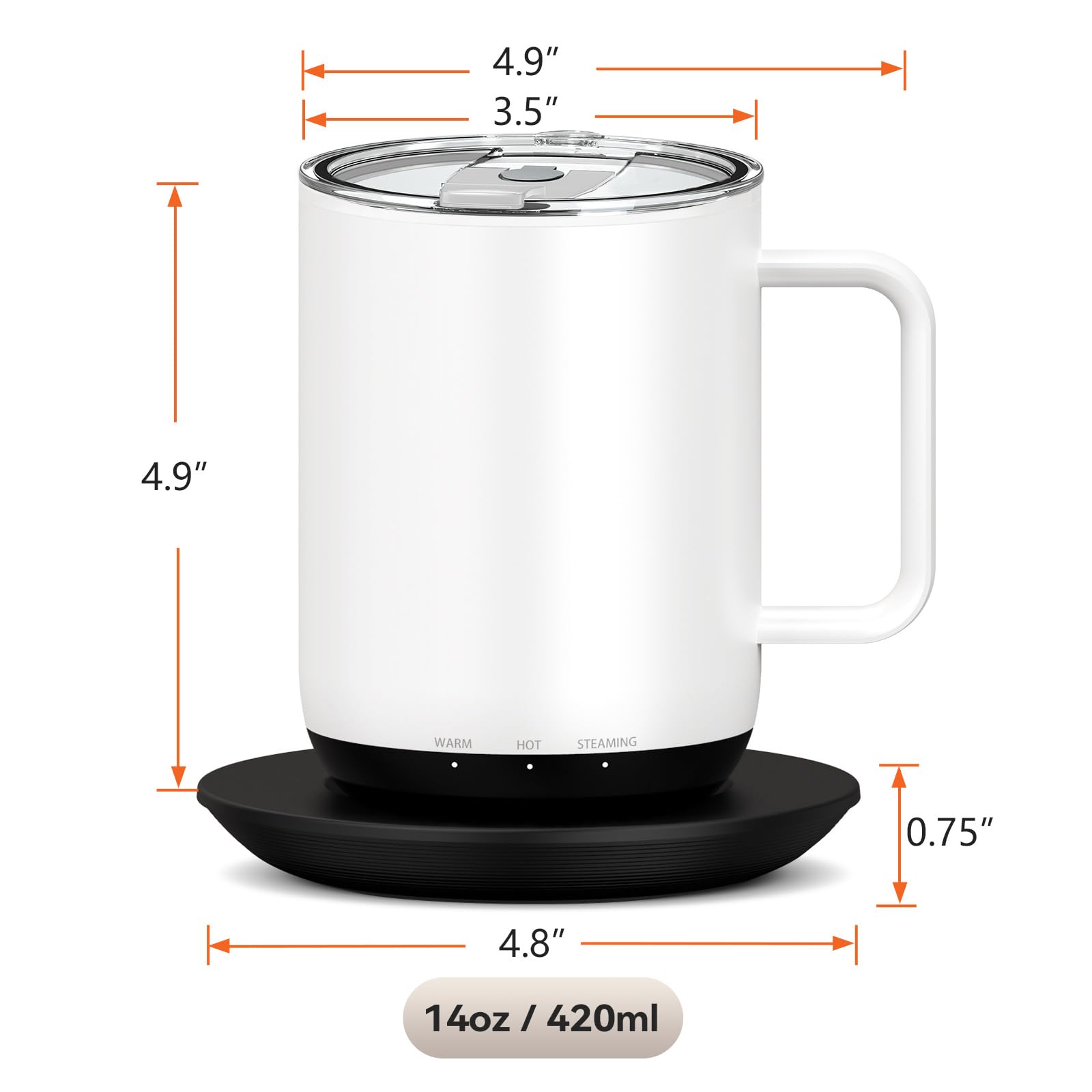 VSITOO Smart Temperature Control Heated Coffee Mug - 14oz Rechargeable Travel Mug with APP Control, LED Display & Auto Warm Feature - Perfect for Office, Home & Outdoor Use (White)