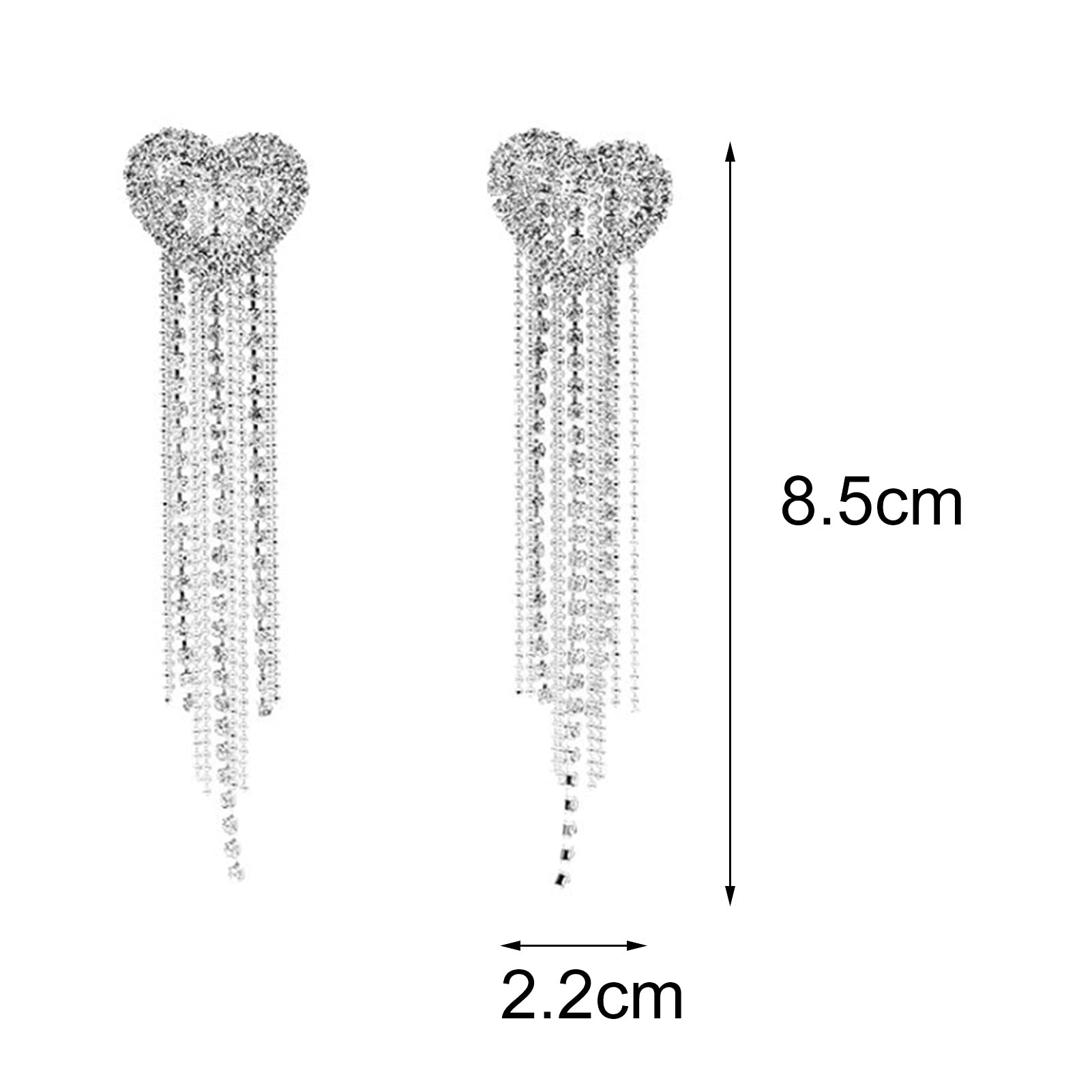 Sparkling Heart Dangle Earrings for Women - Diamond Fashion Jewelry with Rhinestone Tassels, Elegant Silver Stud Earrings for Wedding & Party (8.5cm x 2.2cm) | Perfect for Bridal Accessories, Date Night & Special Occasions