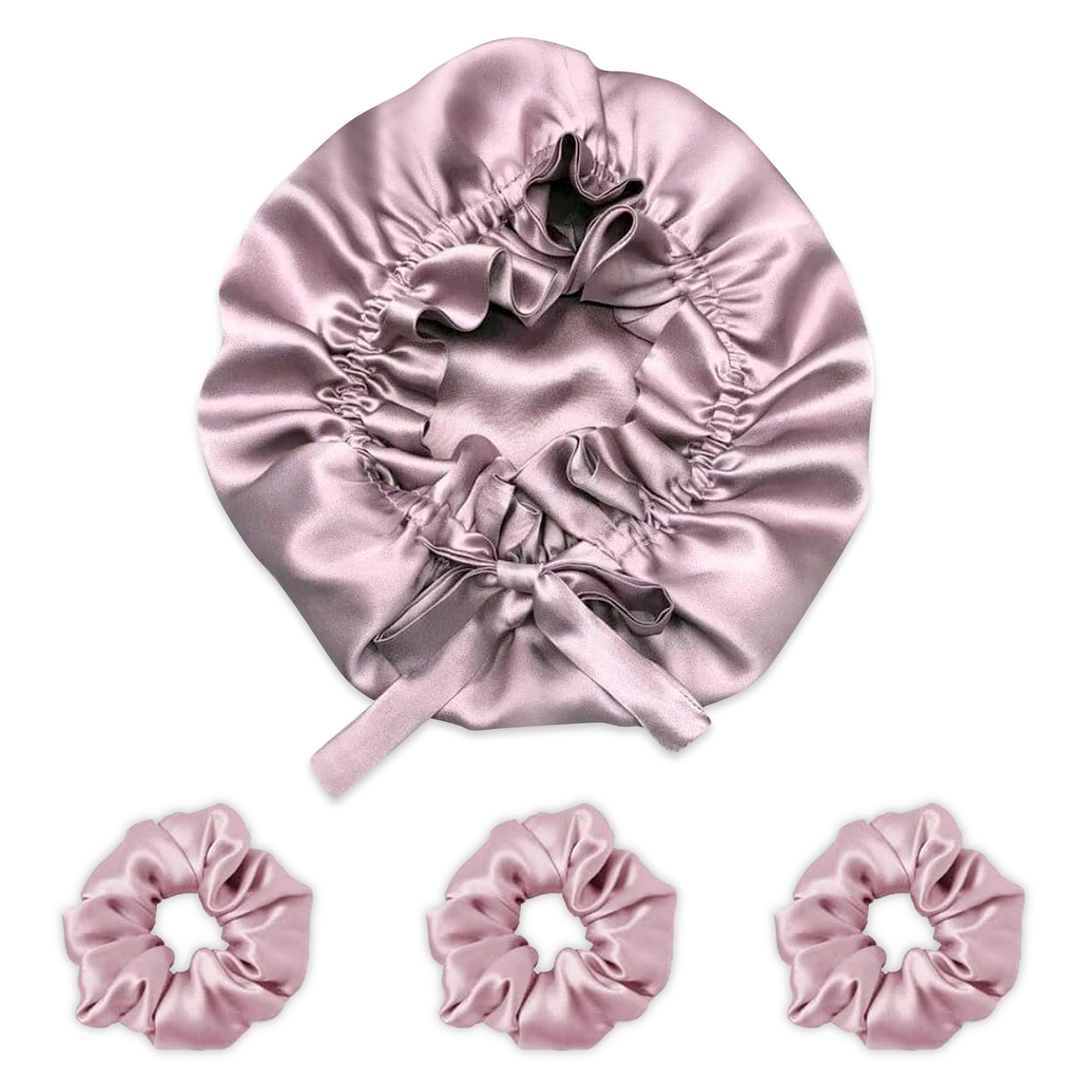 GLUN® Satin Rose Bonnet Hair Protector with 3 Scrunchies - Soft Sleep Cap for Frizz Control, Moisture Retention & Hair Breakage Prevention - Ideal for Curly, Natural & Protective Hairstyles - Perfect for Nighttime, Travel & Salon Visits