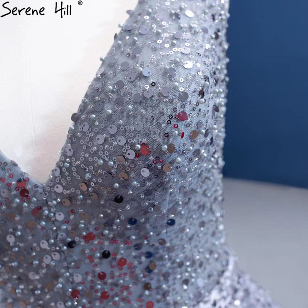 Elegant Grey A-Line Evening Gown with Beaded Sleeveless Design & Lace-Up Back - Luxury Women's Party Dress for Prom, Gala & Formal Events - Serene Hill Collection HM67288