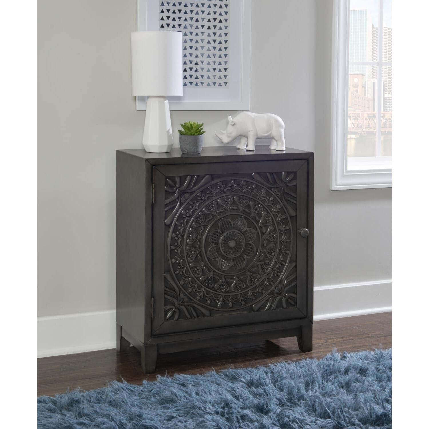 Powell Furniture Grace Accent Cabinet - Dark Grey Storage Console Table for Living Room, Entryway & Bedroom | Modern Sideboard with Shelves & Drawers | Home Decor Organizer