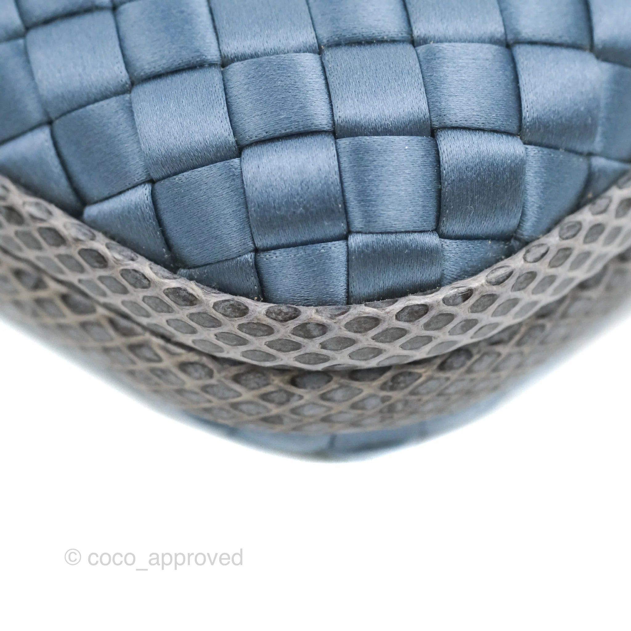 Bottega Veneta Ayers Satin Intreccio Stretch Knot Clutch Bag in Navy Blue | Luxury Evening Clutch for Women | Perfect for Parties, Weddings & Special Occasions
