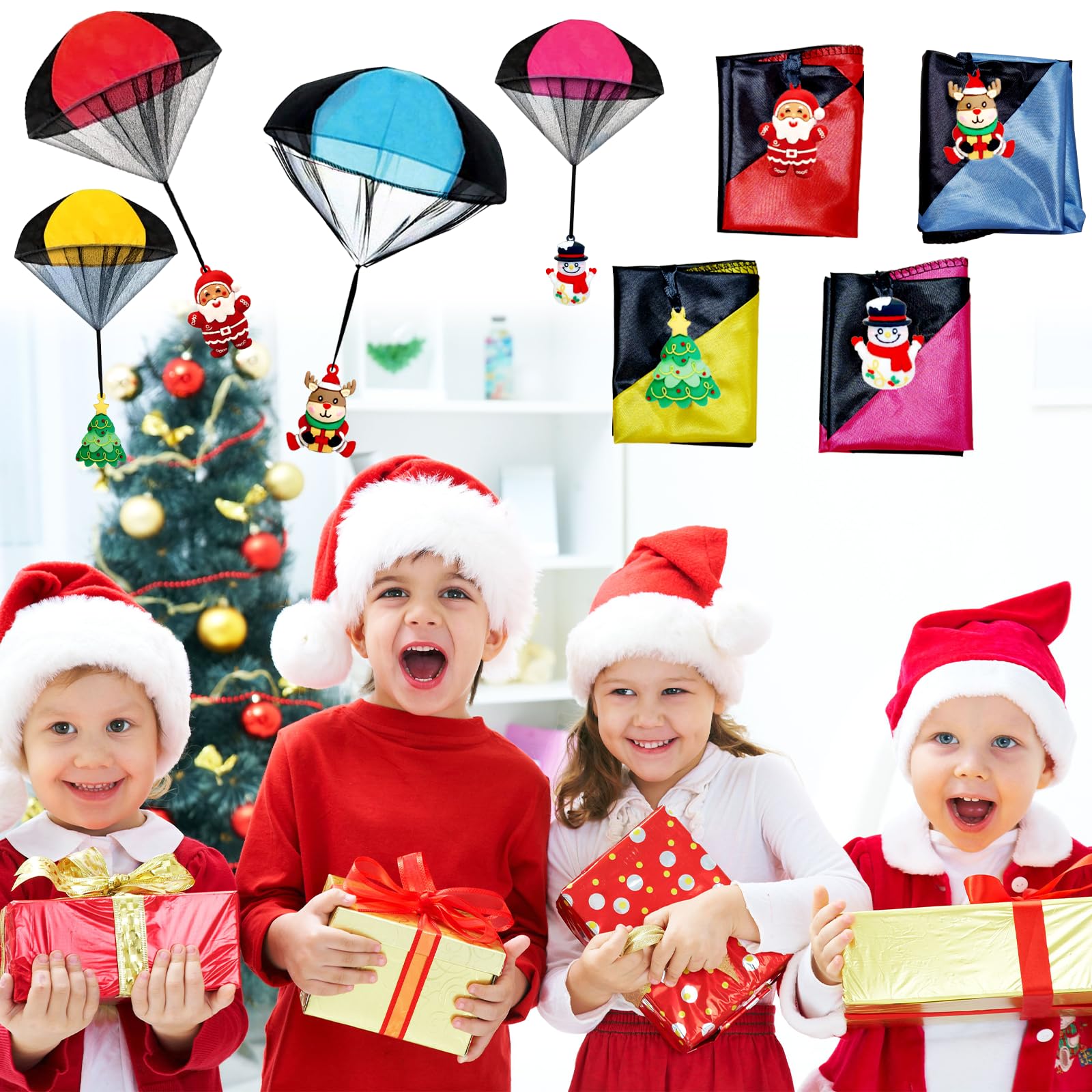 4Pcs Christmas Parachute Toys for Kids - Hand Throw Flying Toys for Boys & Girls - Stocking Stuffers, Party Favors & Xmas Gifts - Outdoor Play, Birthday Parties & Holiday Fun