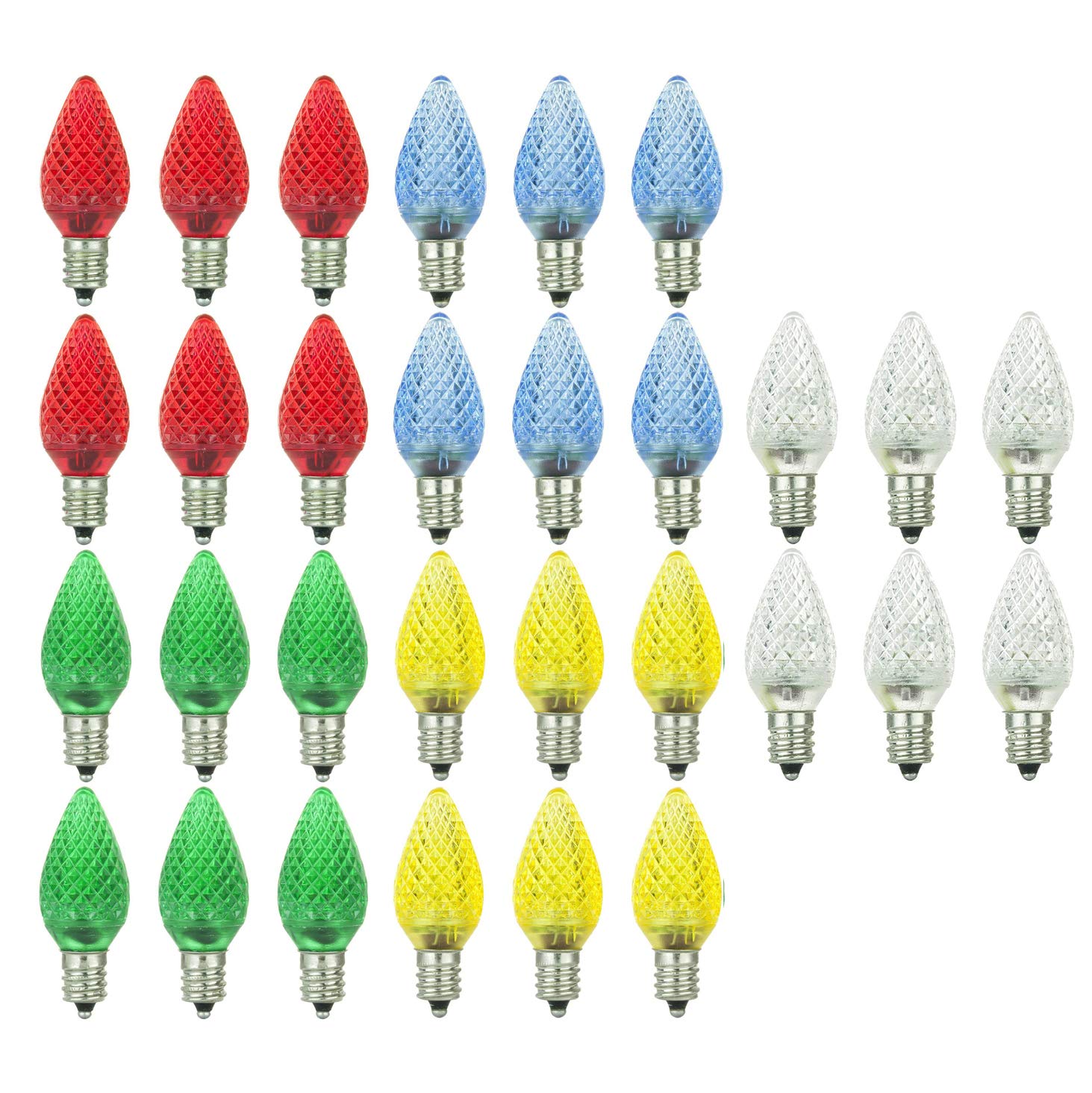 Sunlite 41295 LED C7 Holiday Decorative Light Bulb - 0.4W E12 Candelabra Base, Faceted Christmas Lights, Multi-Color Combo (30 Pack) - Perfect for Christmas Tree Decorations, Holiday Parties & Nightlight Use