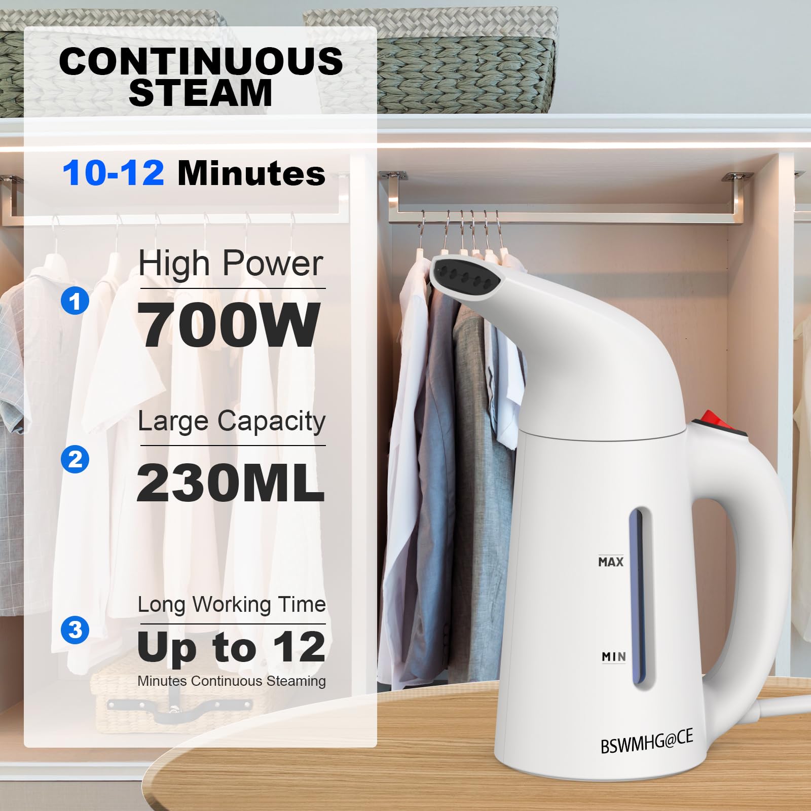 Portable Handheld Garment Steamer for Clothes - 230ml Mini Steamer with One-Button Design, Removes Wrinkles from All Fabrics, 12-Min Continuous Steam - Perfect for Travel, Home Use, and Quick Outfit Refresh Before Meetings or Events - White