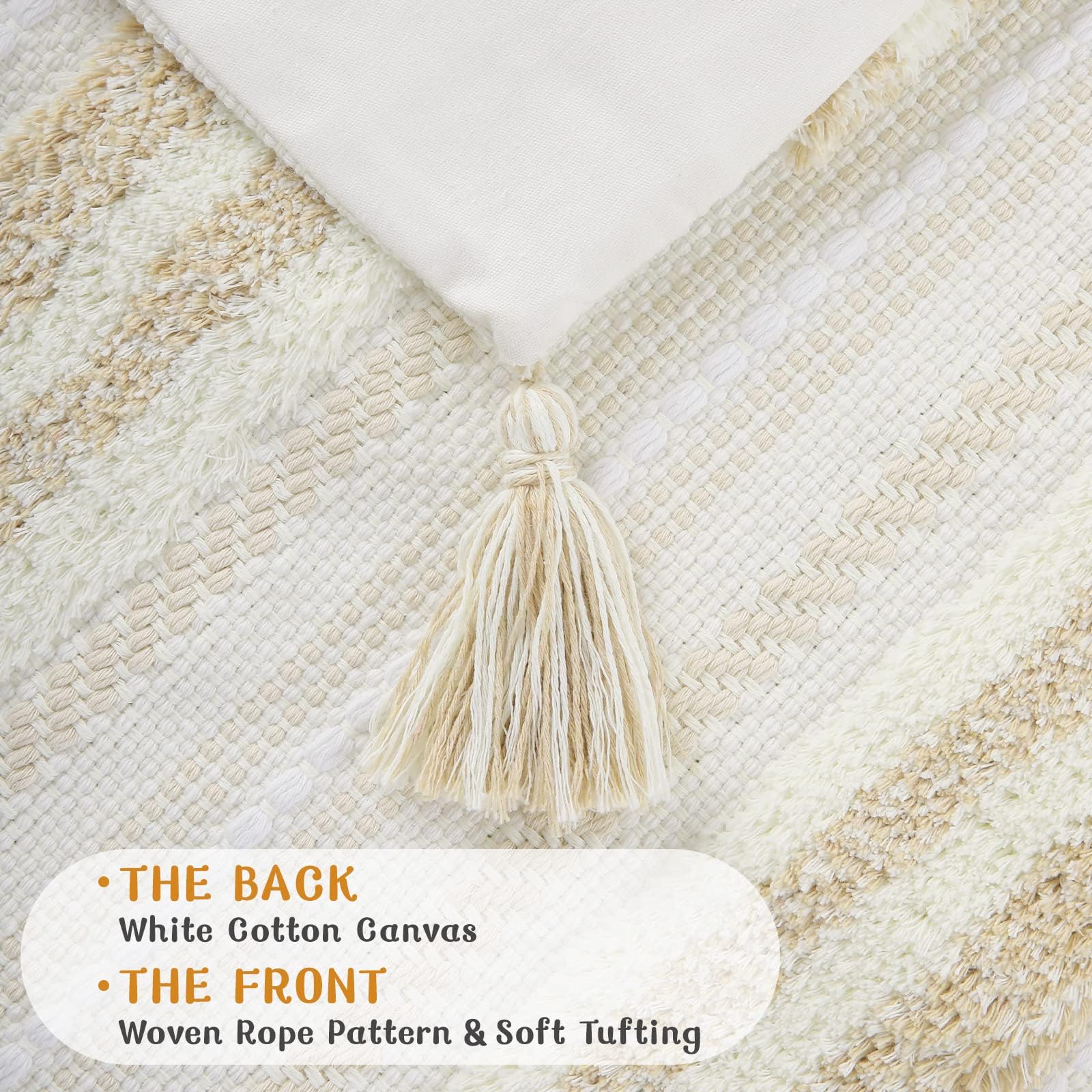 Boho Throw Pillow Covers 20x20 Set of 2 - Neutral Textured Tufted Decorative Pillow Covers for Couch, Bed, Sofa & Living Room - Striped Khaki and Cream White - Perfect for Bohemian Home Decor & Cozy Interior Styling