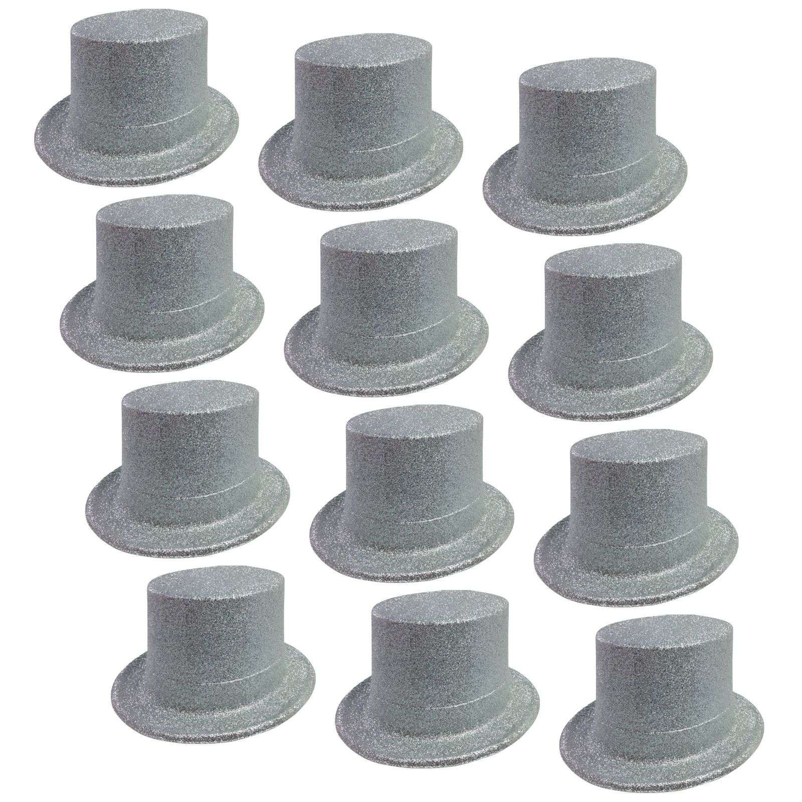12 Pack Glitter Top Hats for Adults - Silver Tall Plastic Party Hats for Costumes, Dress Up, Bachelorette, New Year's Eve & Themed Parties - Bulk Fancy Accessories