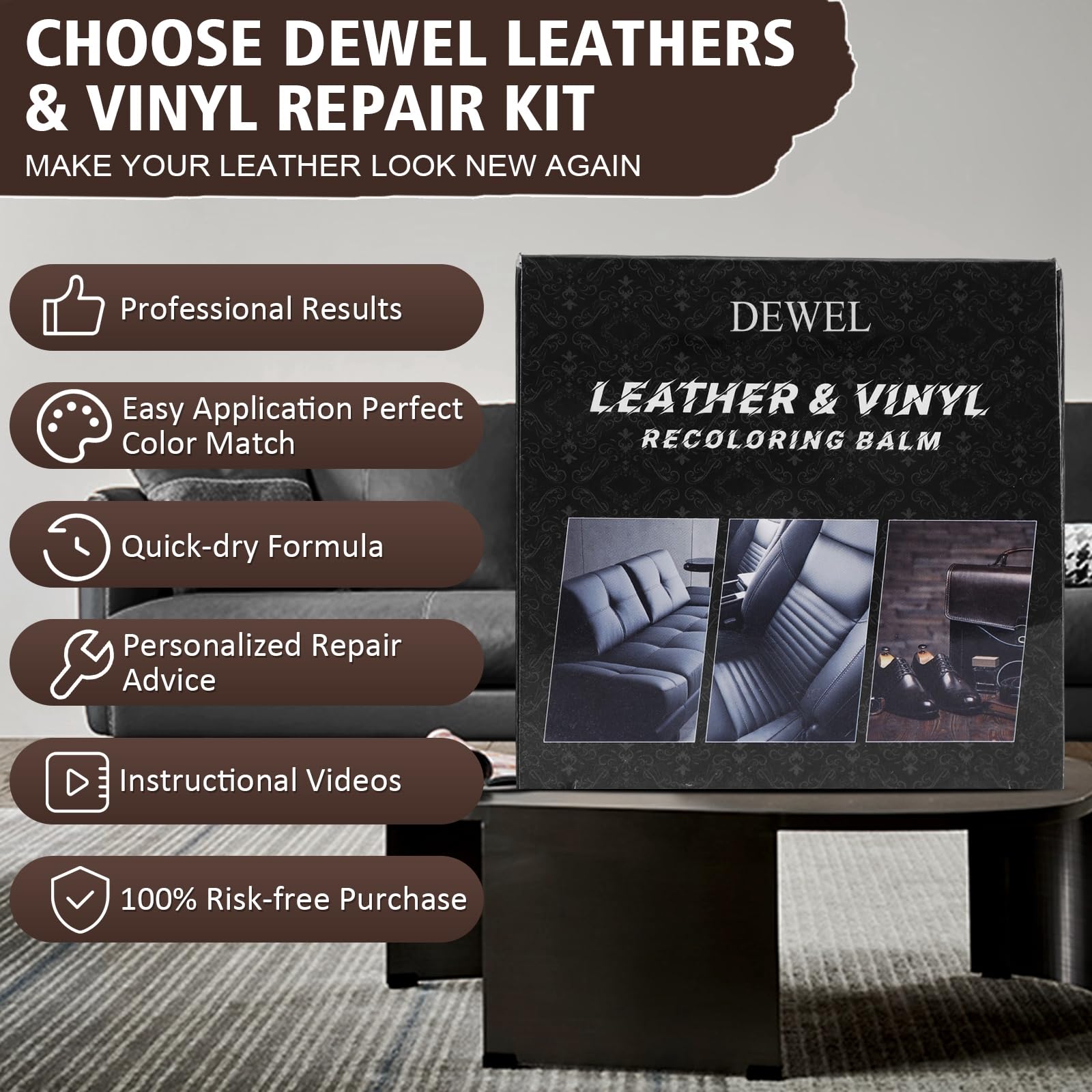 DEWEL Black Leather Recoloring Balm & Mink Oil Conditioner - Professional Leather Repair Kit for Furniture, Couches, Car Seats, Purses - Fix Scratches, Peeling & Burn Holes | Restore & Protect Leather Goods at Home or Office