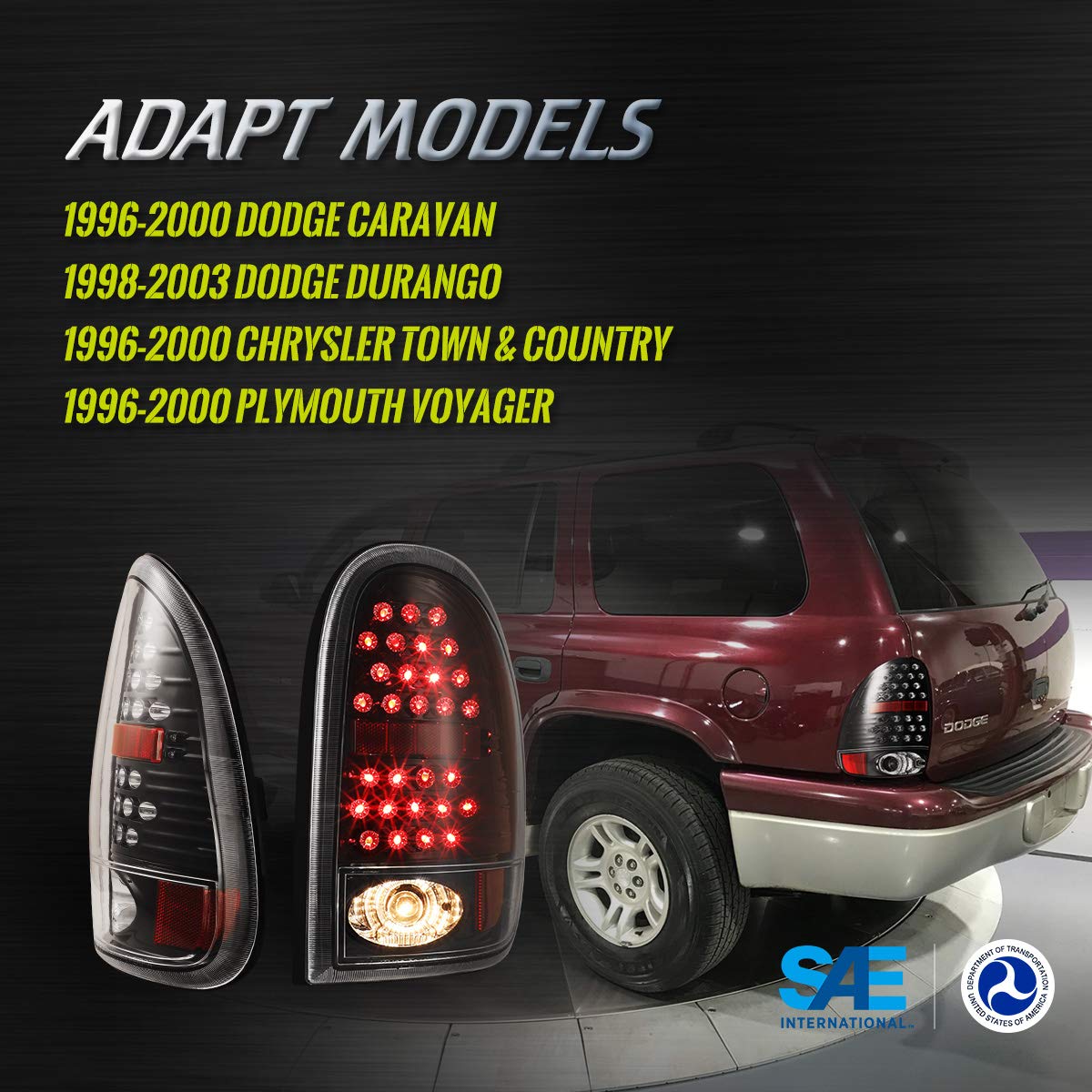 AUTOWIKI LED Tail Lights Replacement for 1998-2003 Dodge Durango, 1996-2000 Dodge Caravan/Chrysler Town & Country/Plymouth Voyager - Glossy Black & Clear Tail Lamp Assembly (2PCS) - Enhanced Visibility & Style for Night Driving & Custom Car Upgrades