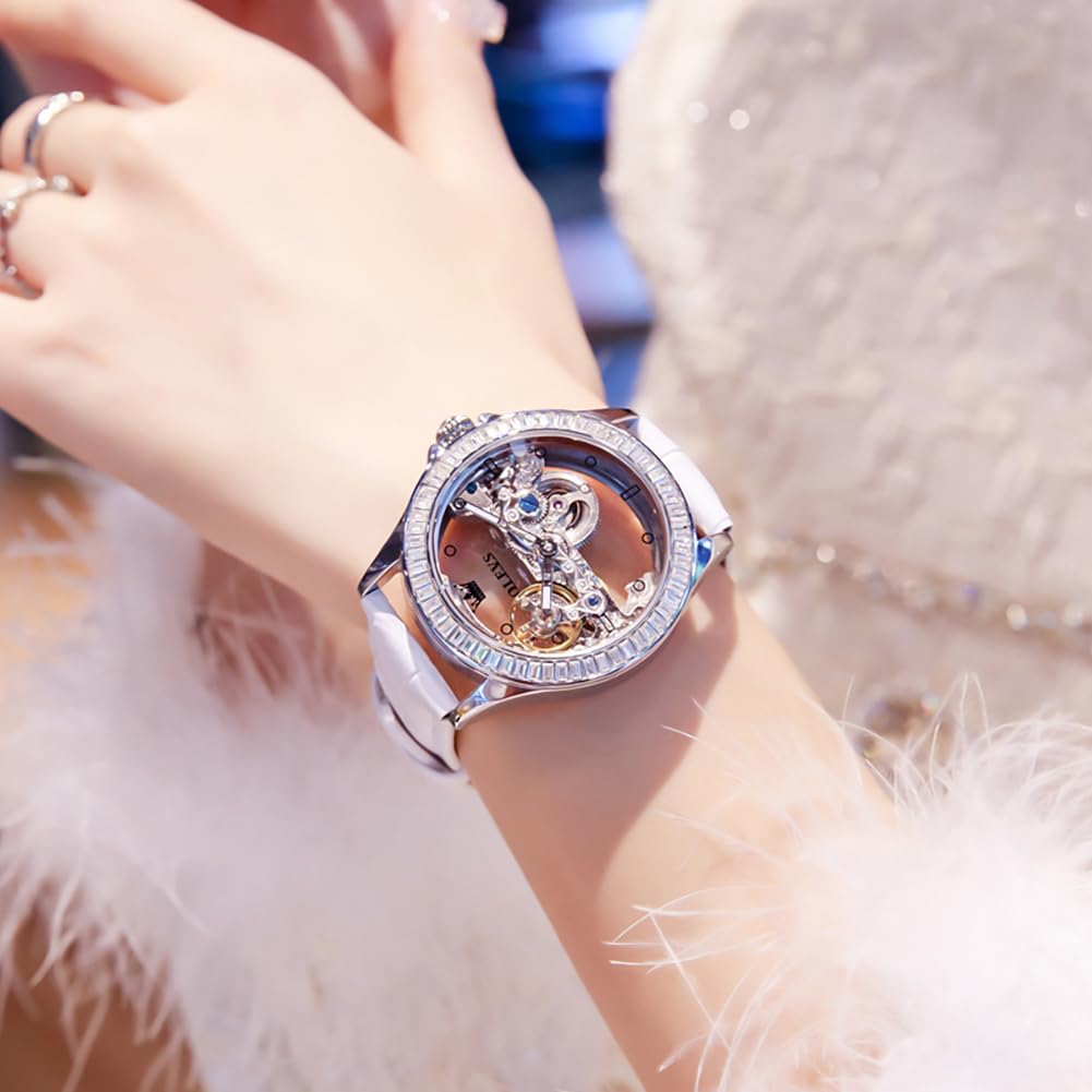 OLEVS Women's Luxury Skeleton Automatic Mechanical Watch - Silver Dress Watch with Waterproof & Luminous Features - Perfect Gift Set for Formal Occasions, Business Meetings & Special Events
