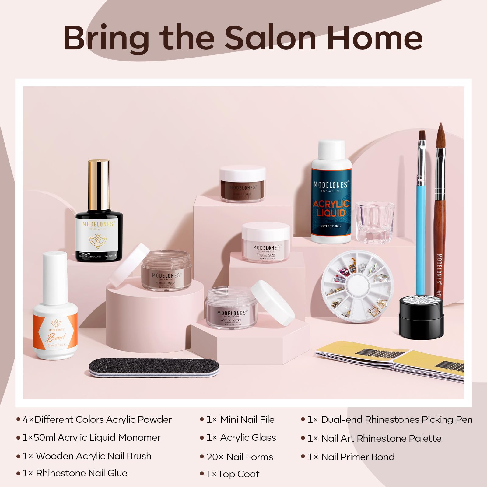 Modelones 14pcs Acrylic Nail Kit with Nude Acrylic Powder, Liquid Monomer, Nail Brush, Gel Glue & Top Coat - Professional Nail Extension Set for Beginners | DIY Salon Manicure at Home, Party & Special Occasion Nails