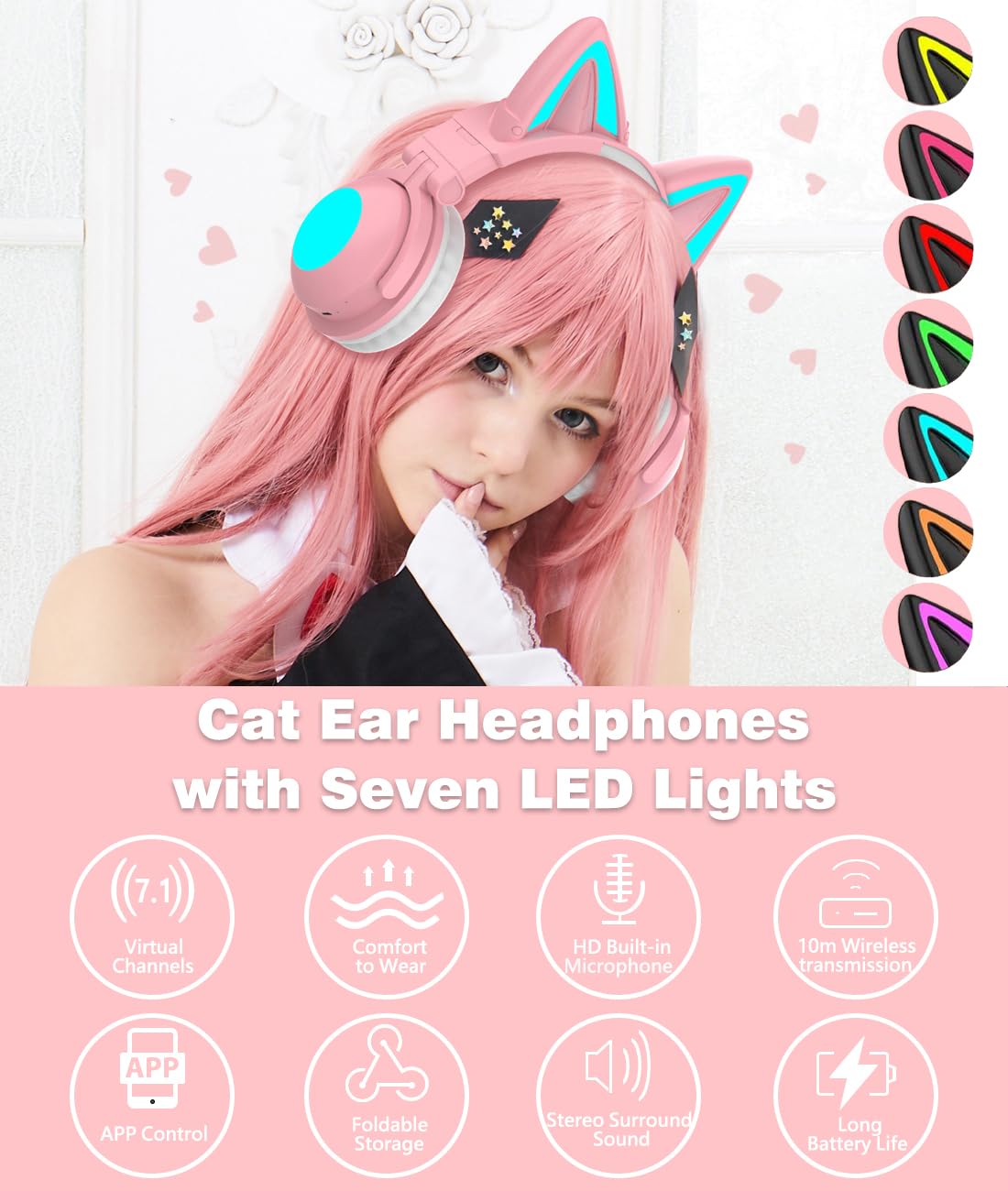 Pink Cat Ear Headphones with Mic - Bluetooth 5.0 Gaming Headset, RGB LED Light Up Ears, Foldable & Adjustable Over-Ear Design, Wireless/3.5mm Wired for PC, Mobile, Tablet - Perfect for Gaming, Streaming & Cosplay