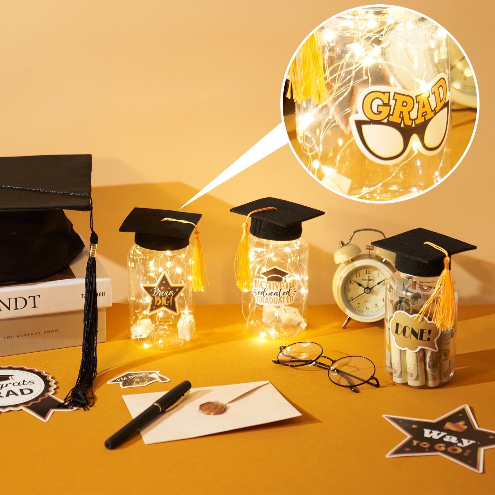 8 Pcs Graduation Jar Decorations with LED Lights - Class of 2025 Graduation Party Decor Set with Gratitude Jars, Graduation Hats & Stickers - Perfect for Graduation Table Centerpieces, Dorm Room Decor & Celebration Gifts