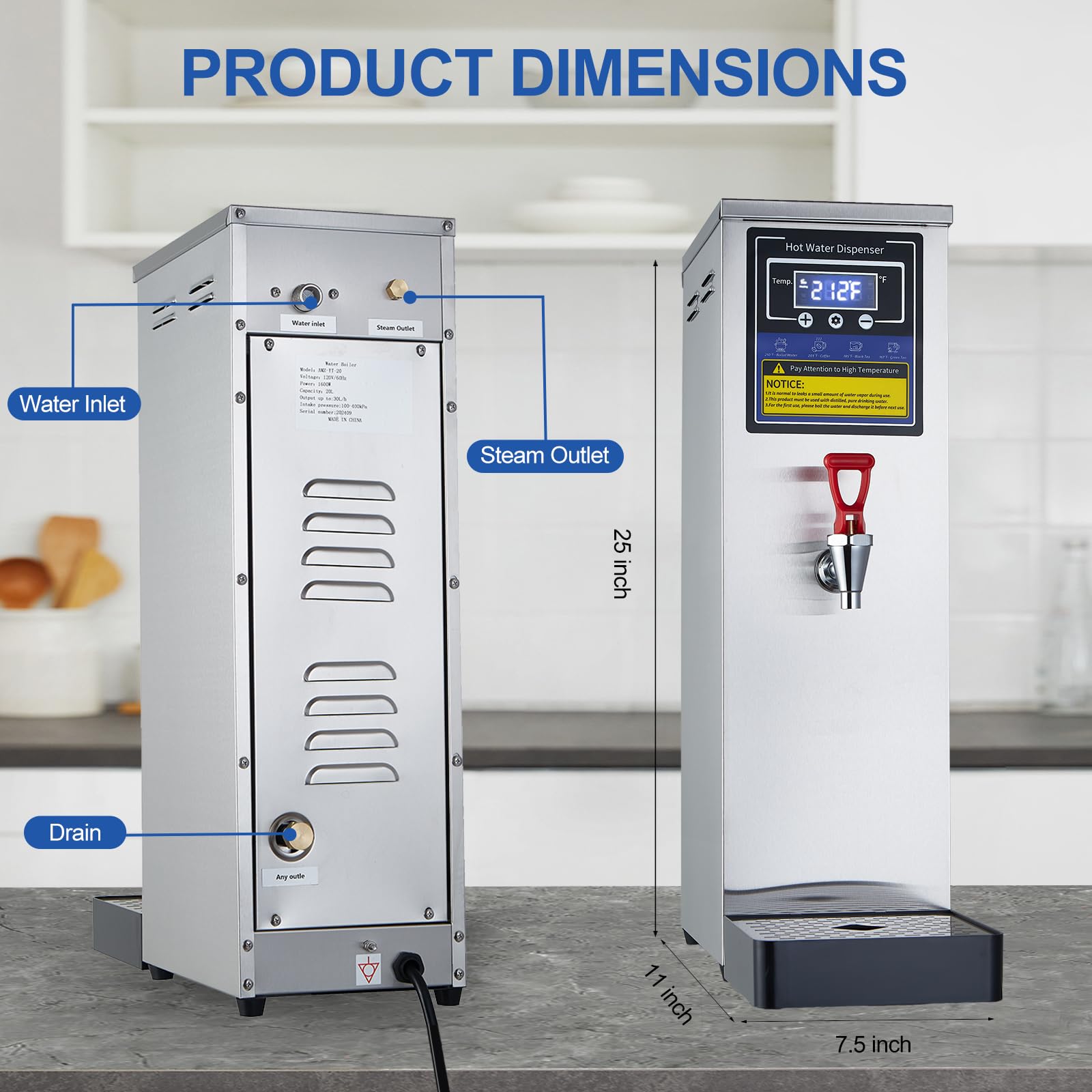 Commercial Electric Hot Water Boiler Dispenser 30L (8GAL) 1600W Stainless Steel with Step Heating & Temperature Control (86-212°F) - Perfect for Boba Tea, Coffee, Office, Restaurant, and Commercial Kitchen Use