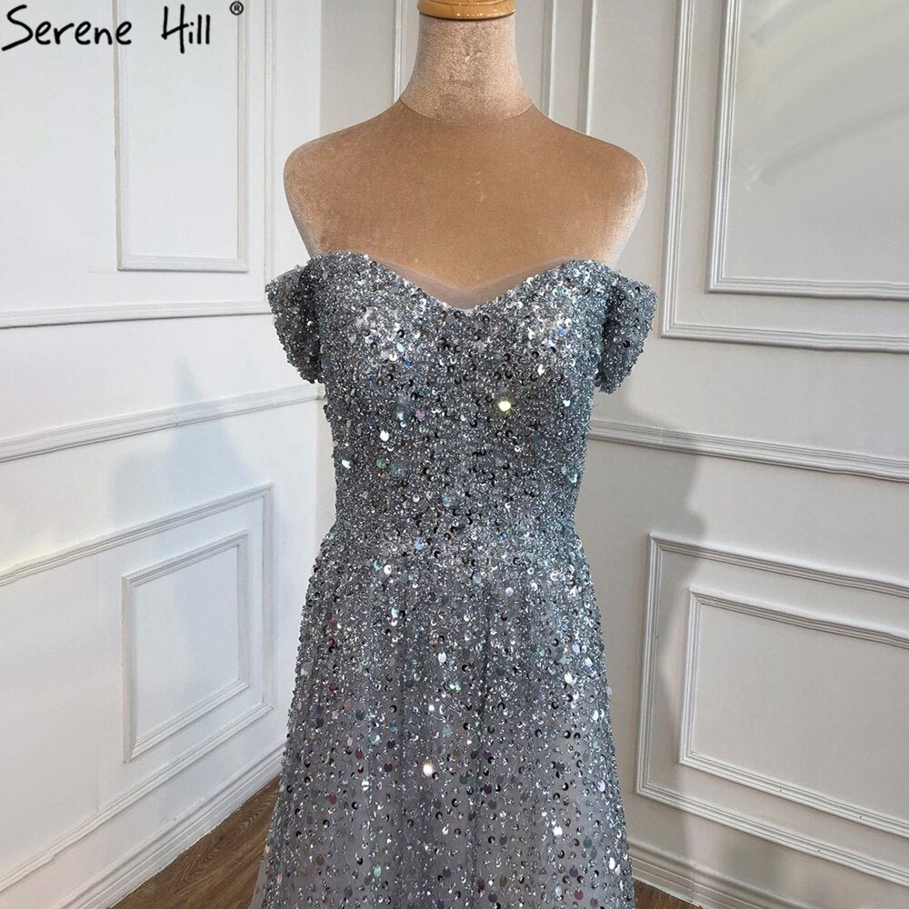 Serene Hill Grey Luxury A-Line Evening Dresses for Women 2025 - Beaded Bling Sexy Gowns for Wedding, Party & Special Occasions - LA71188