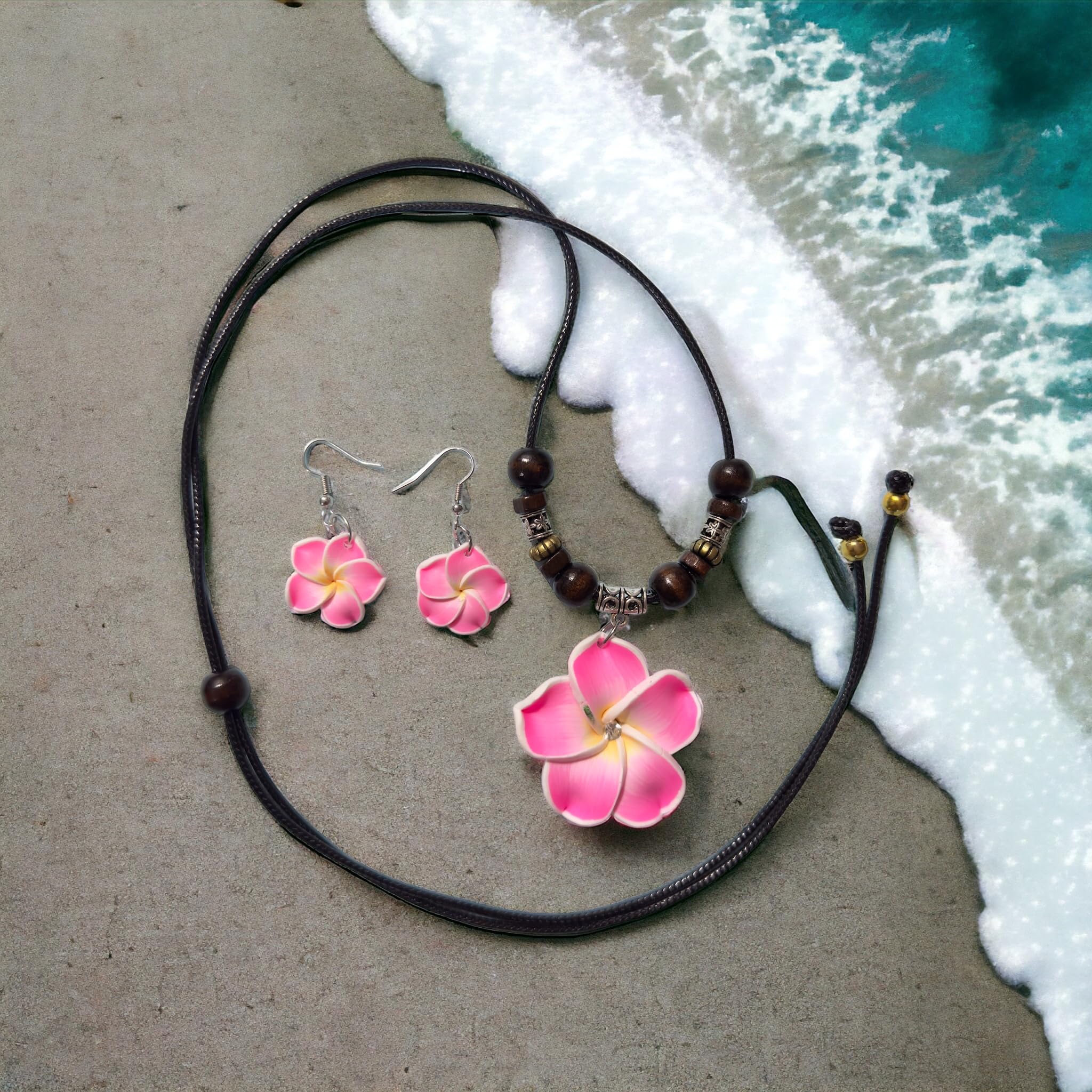 Hawaiian Plumeria Flower Jewelry Set - Pink Flower Necklace & Earrings for Women & Girls, Tropical Hawaiian Style Fashion Accessories | Perfect for Beach Vacations, Luau Parties & Summer Outfits