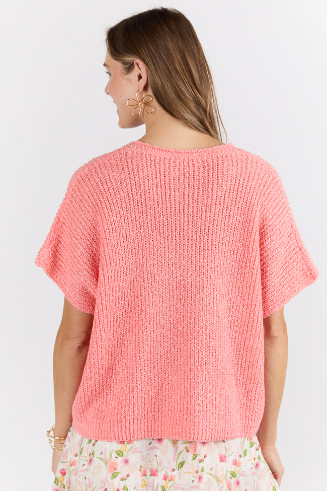 Coral Short Sleeve Textured Lightweight Sweater for Women - Breathable Summer Knit Top - Perfect for Beach Outings & Casual Wear