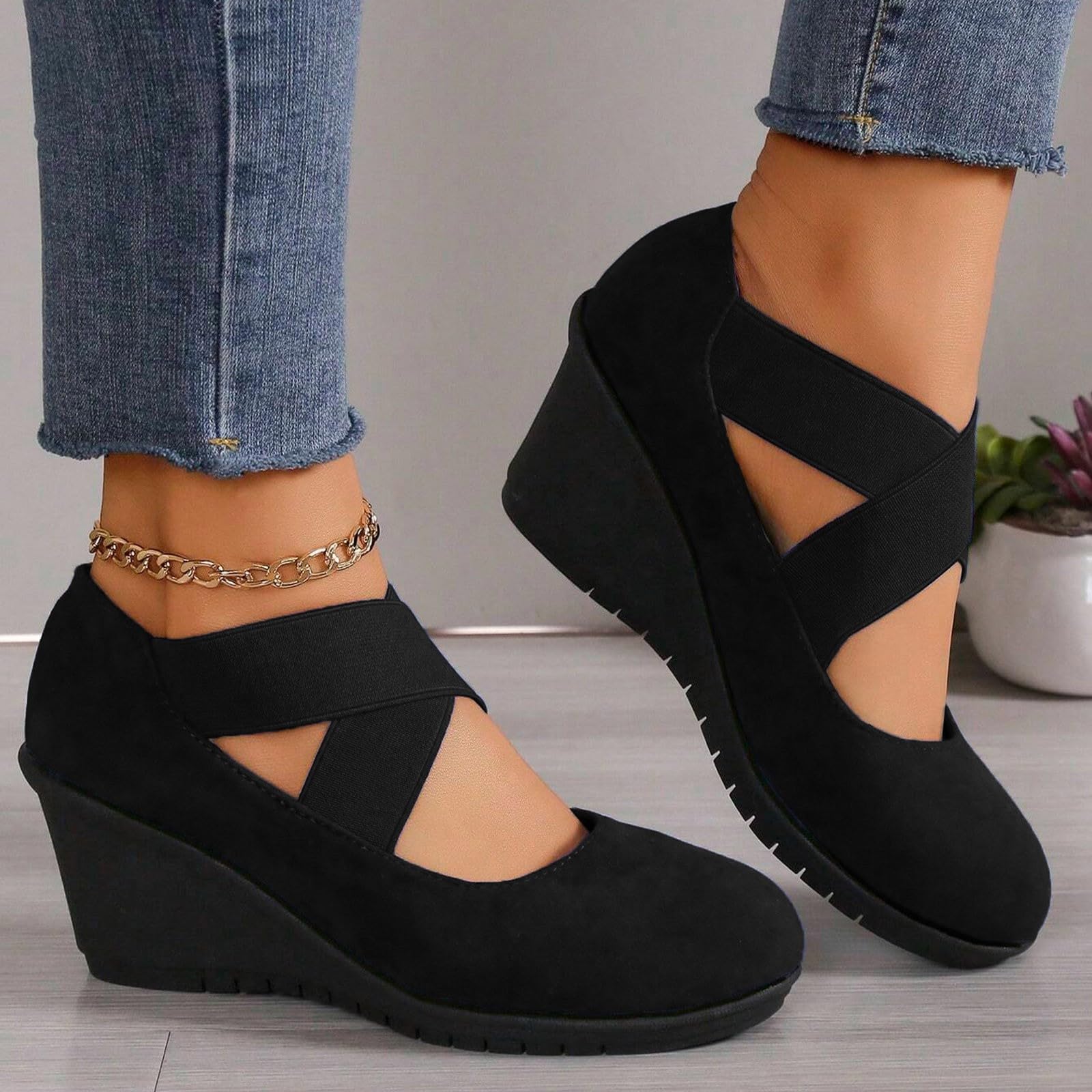 WAJCSHFS Women's Comfortable Round Toe Wedge Sandals - Elastic Strap Summer Platform Shoes for Casual & Dressy Occasions | Perfect for Beach, Vacation & Daily Wear