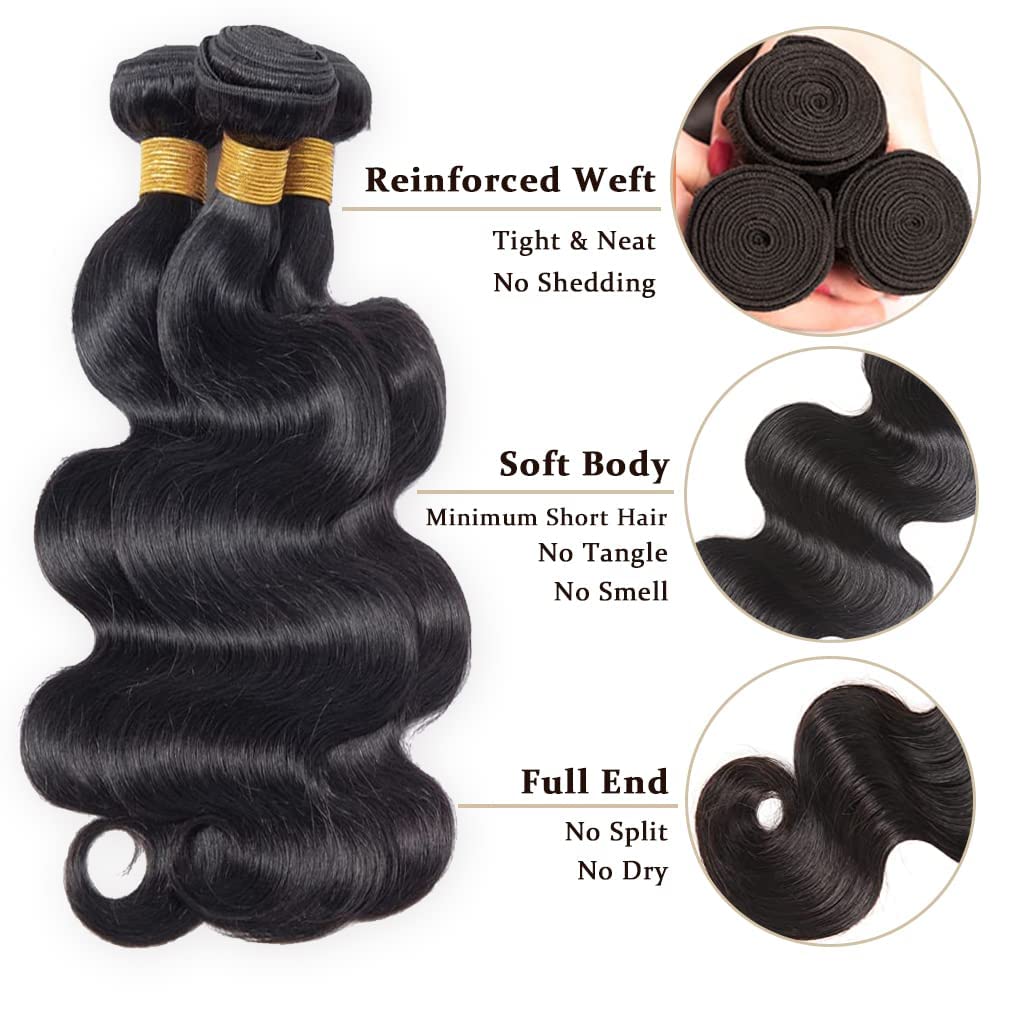 Premium 10A Brazilian Body Wave Human Hair Bundles 3-Pack (18, 20, 22 Inch) - Natural Black Double Weft Hair Extensions for Women | Perfect for Styling, Volume & Length Enhancement