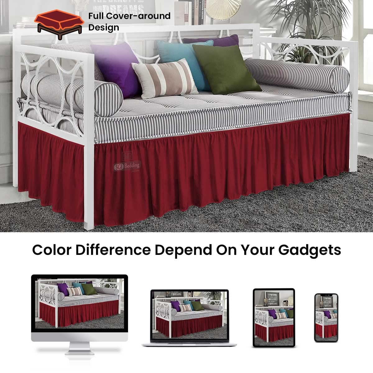14 Inch Drop Twin Size Burgundy Microfiber Bed Skirt - Split Corner Design with Stylish Ruffles, Wrinkle & Fade Resistant - Perfect for Daybeds, Guest Rooms & Dorm Decor