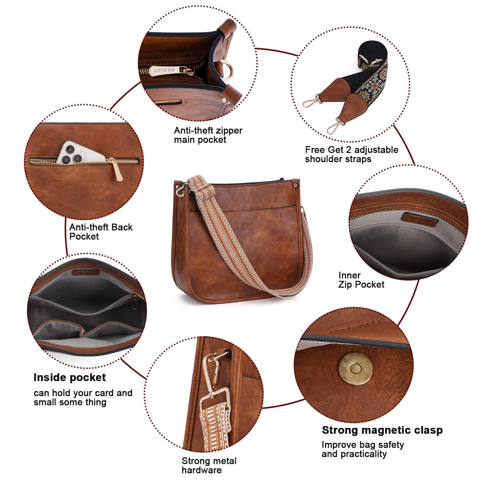 HKCLUF Women's Leather Crossbody Bag & Wallet Set - 2PCS Adjustable Guitar Strap Shoulder Purse for Daily Use, Travel & Shopping