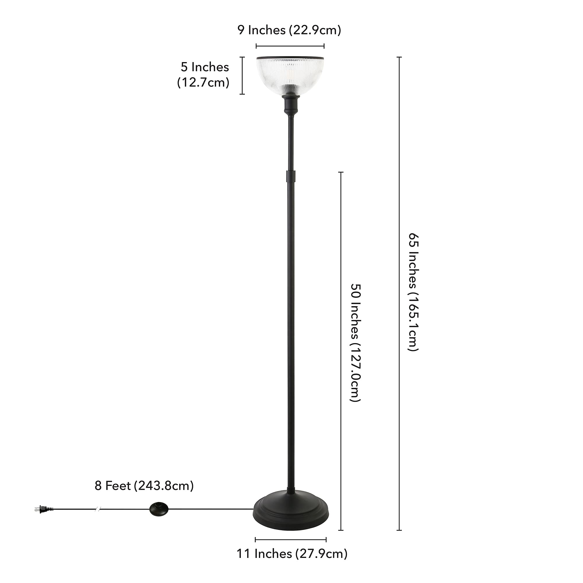 Henn&Hart Blackened Bronze Torchiere Floor Lamp with Ribbed Glass Shade - Modern Lighting for Living Room, Bedroom, Office & Dining Room | Perfect for Reading, Relaxing & Ambient Lighting