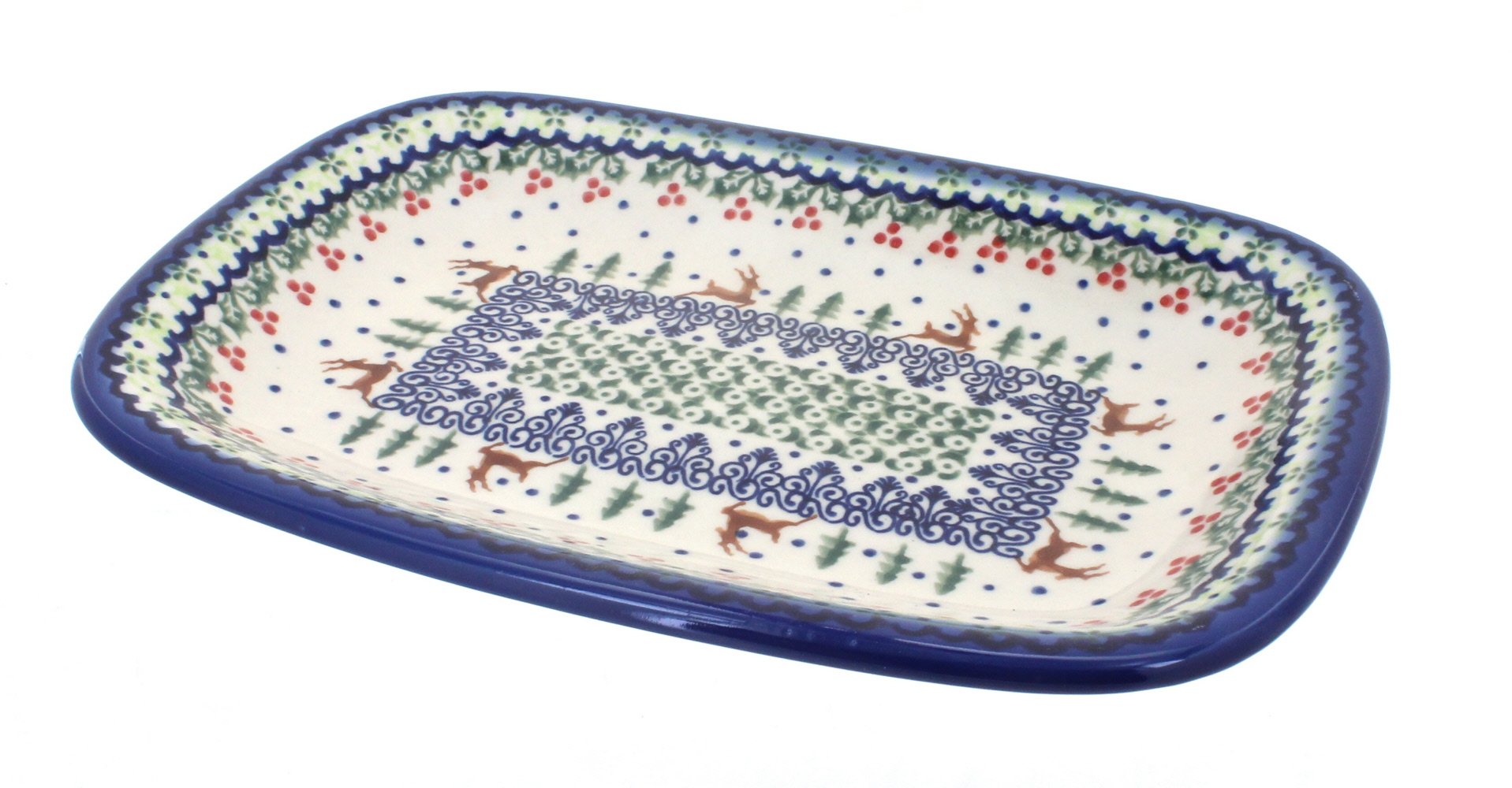 Blue Rose Polish Pottery Reindeer Delight Small Rectangular Serving Platter - Handcrafted Ceramic Appetizer Plate for Holiday Parties, Christmas Decor & Cheese Serving