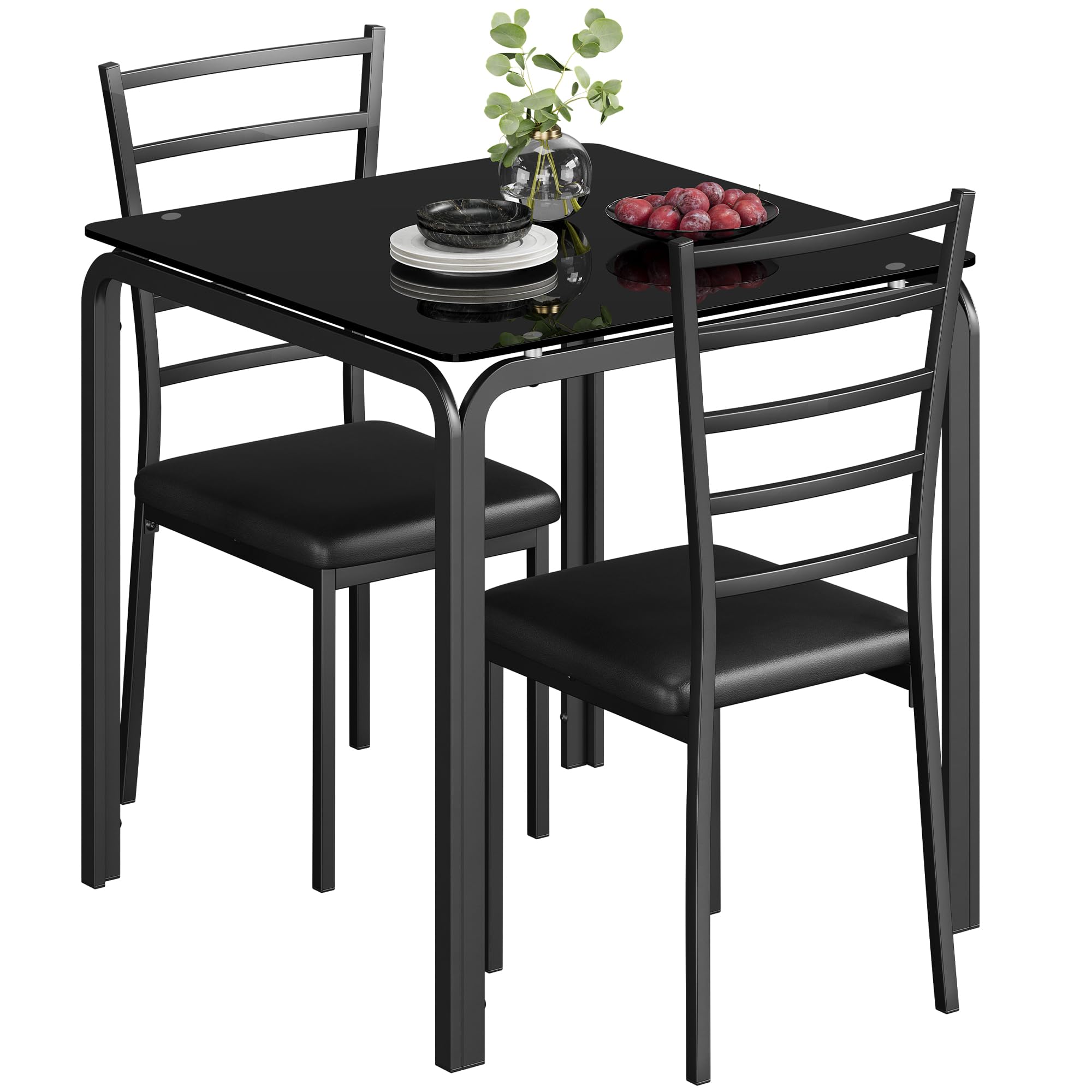 IDEALHOUSE 3-Piece Square Glass Dining Table Set for 2 - Compact Kitchen & Dinette Set with 2 Chairs - Perfect for Small Spaces, Apartments & Breakfast Nooks