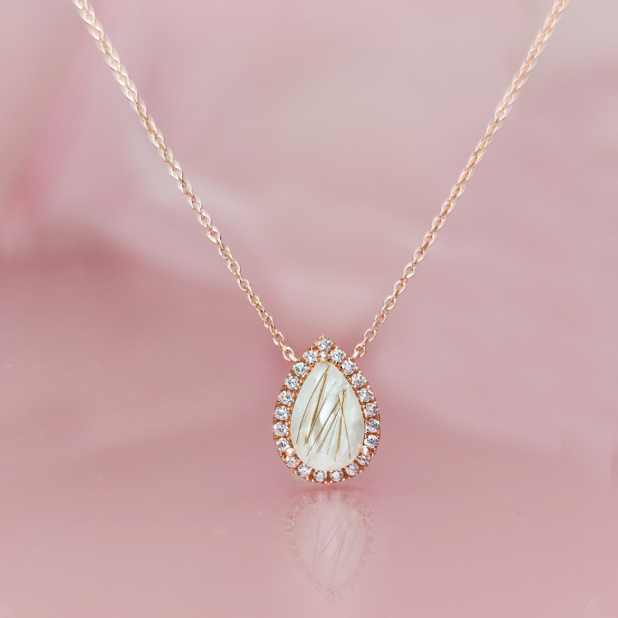 Solid Gold Teardrop Halo Necklace with Hair/Fur Keepsake - Elegant Memorial Jewelry for Ashes, Pet Fur or Loved One's Hair - Perfect for Gifts, Remembrance & Special Occasions
