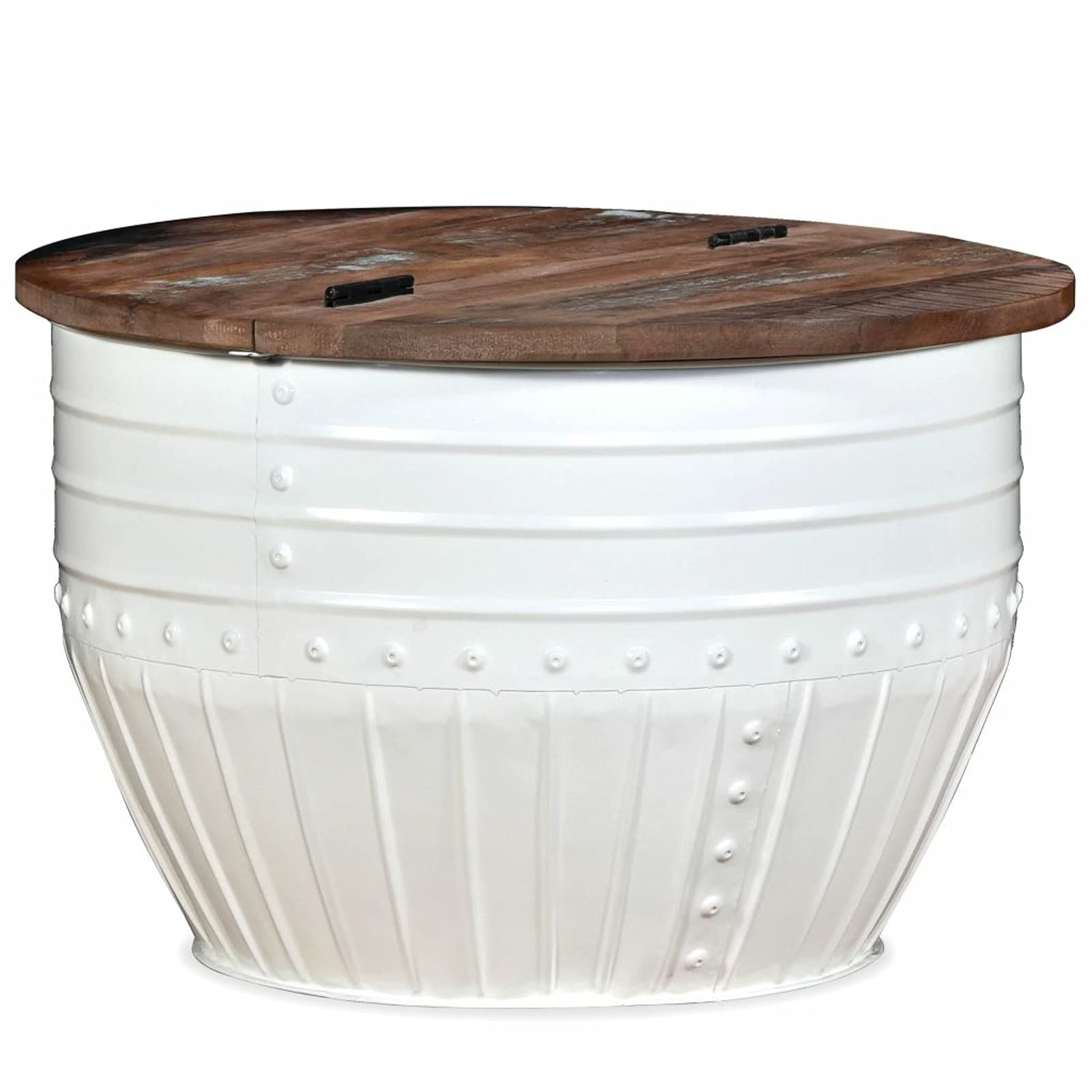 Round Industrial Coffee Table with Storage - Solid Reclaimed Wood Barrel-Shaped Accent Table for Living Room & Office - Perfect for Small Spaces, Modern Farmhouse Decor, and Cozy Reading Nooks