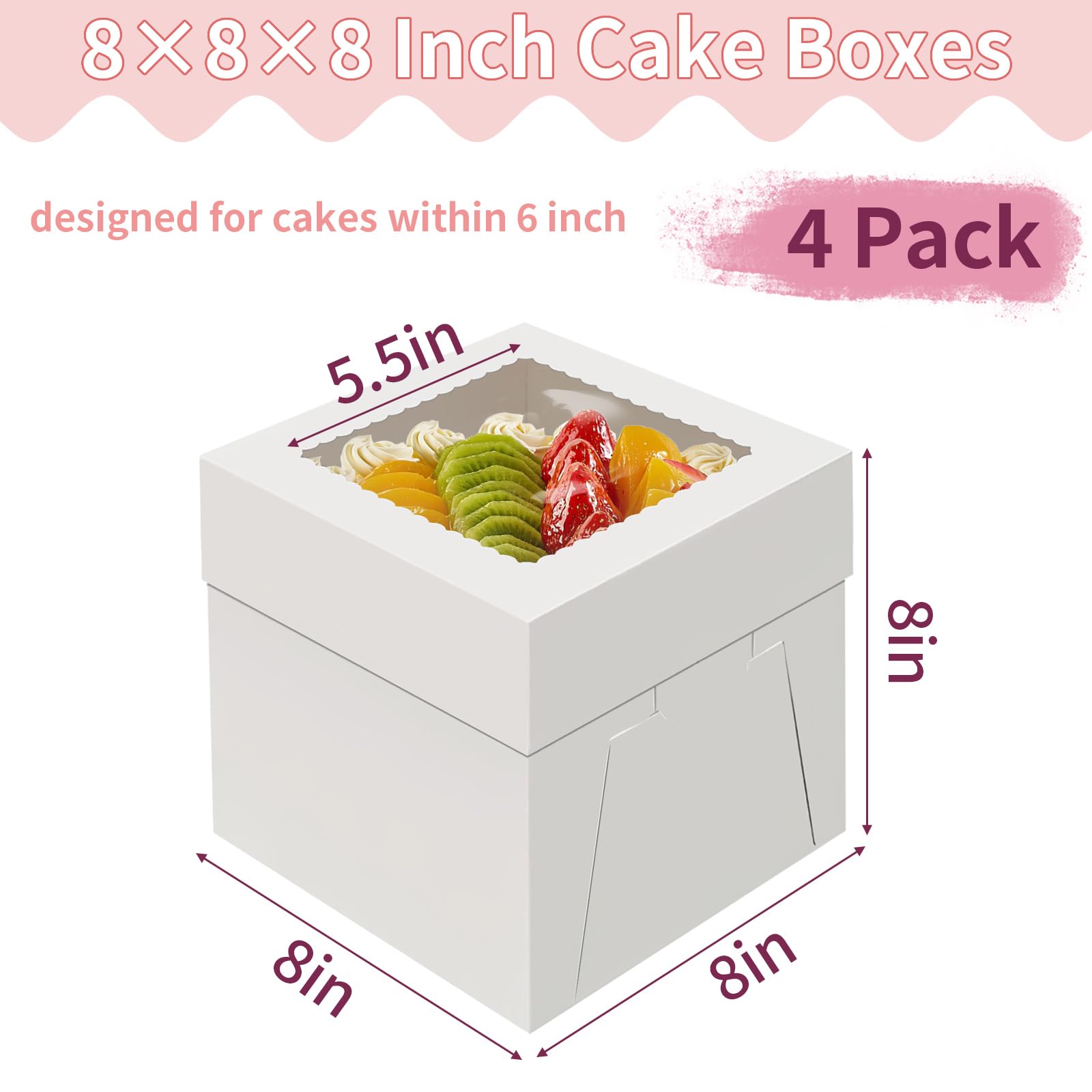 8x8x8 Inch White Cake Boxes 4-Pack - Window Bakery Boxes for Cookies, Pies & Cupcakes - Perfect for Parties & Gifting