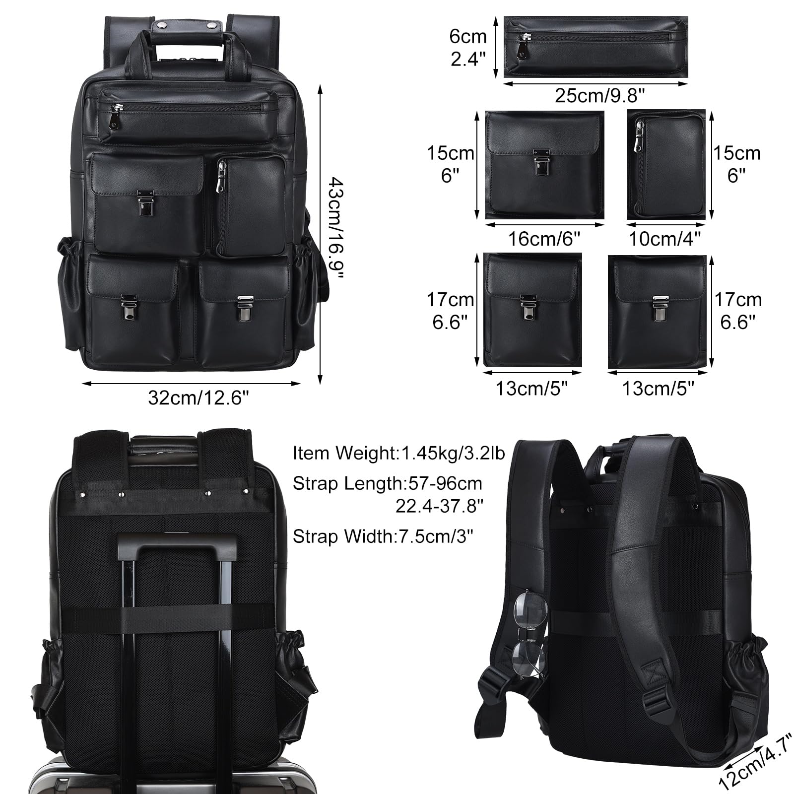 Stylish Black Leather Backpack for Men - 15.6 Inch Laptop Bag with Multiple Pockets - Durable Rucksack for Business, Work, Travel & Daily Use - Perfect for Commuting, Office & College