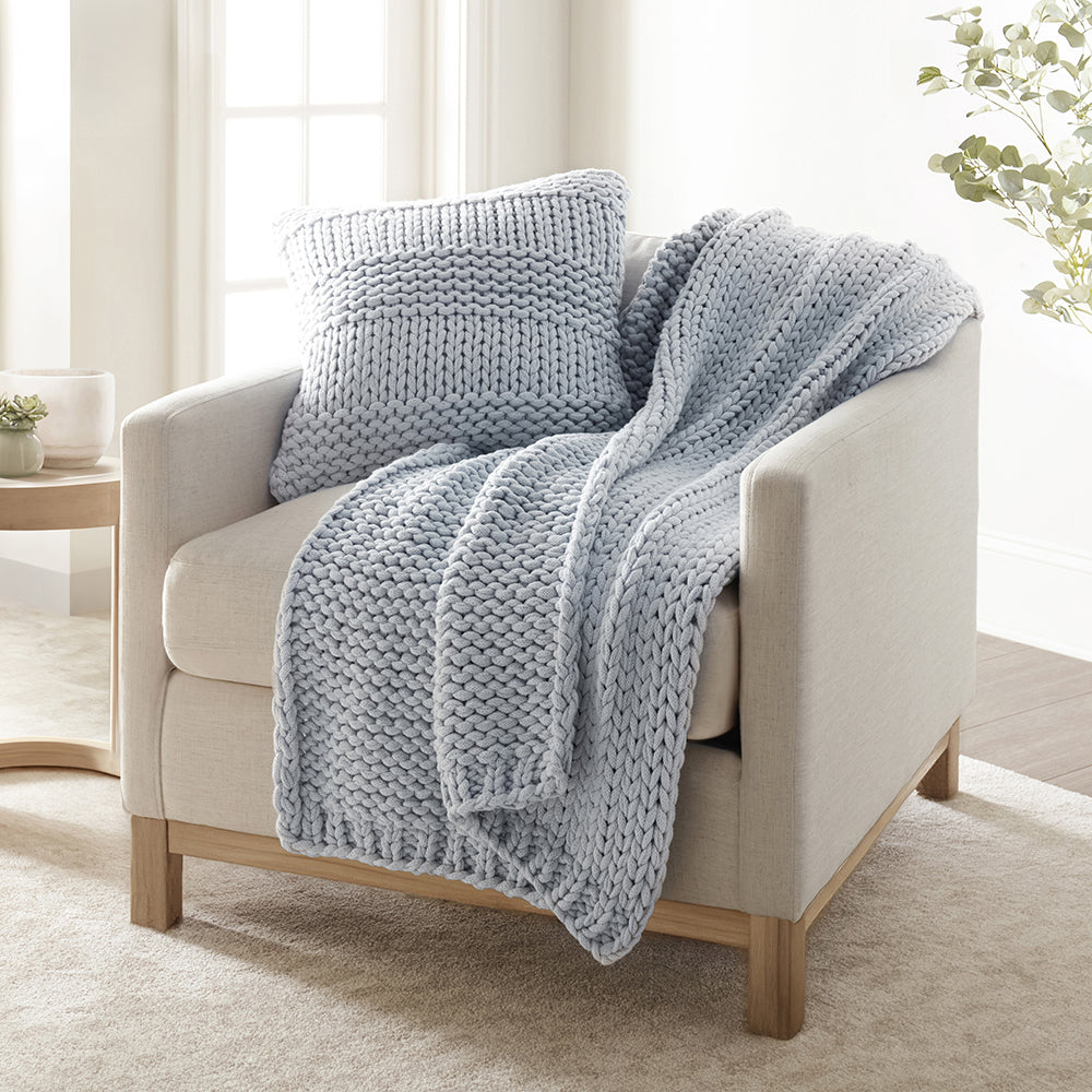 Chunky Knit Throw Blanket and Decorative Pillow Set with Insert - Soft Cozy Living Room Decor for Couch, Bed, Sofa - Perfect for Winter, Home Styling and Gift Giving