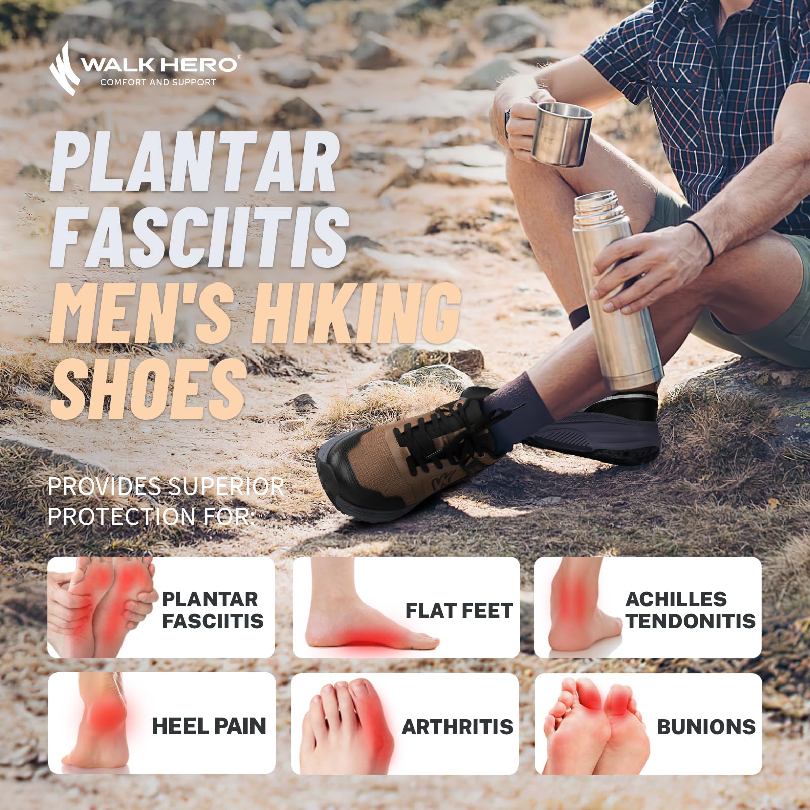 Best Men's Hiking Shoes for Plantar Fasciitis Relief - Lightweight Waterproof Walking Sneakers with Non-Slip Rubber Sole & Arch Support - Ideal for Outdoor Adventures, Trail Running & Daily Comfort