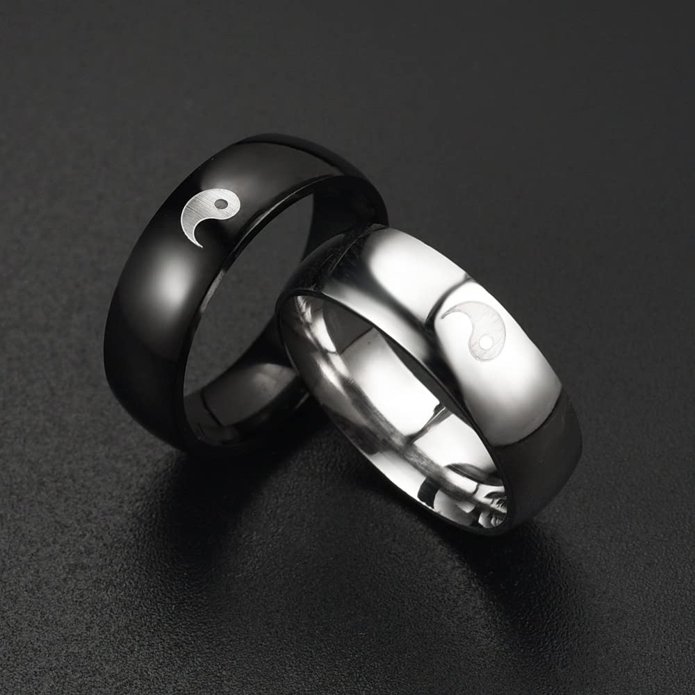 6mm Black & Silver Yin Yang Tai Chi Couple Rings for Men & Women - Matching Stainless Steel Band Set for Boyfriend, Girlfriend, Best Friends - Perfect for Meditation, Martial Arts & Spiritual Gifts