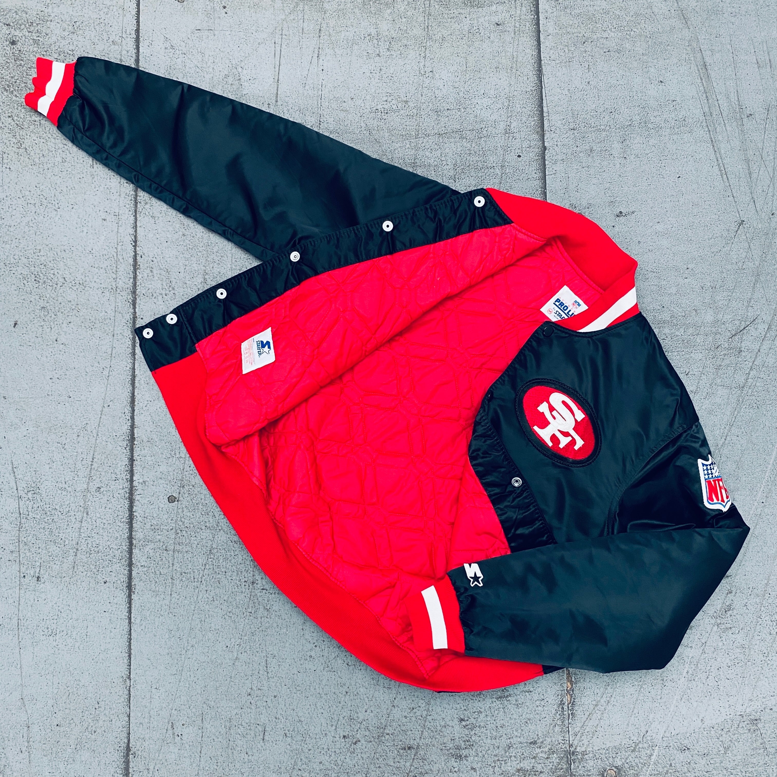 Vintage 1980s San Francisco 49ers Blackout Satin Reverse Spellout Proline Starter Bomber Jacket (Medium) - Perfect for NFL Fans, Retro Sports Fashion & Game Day Outfits
