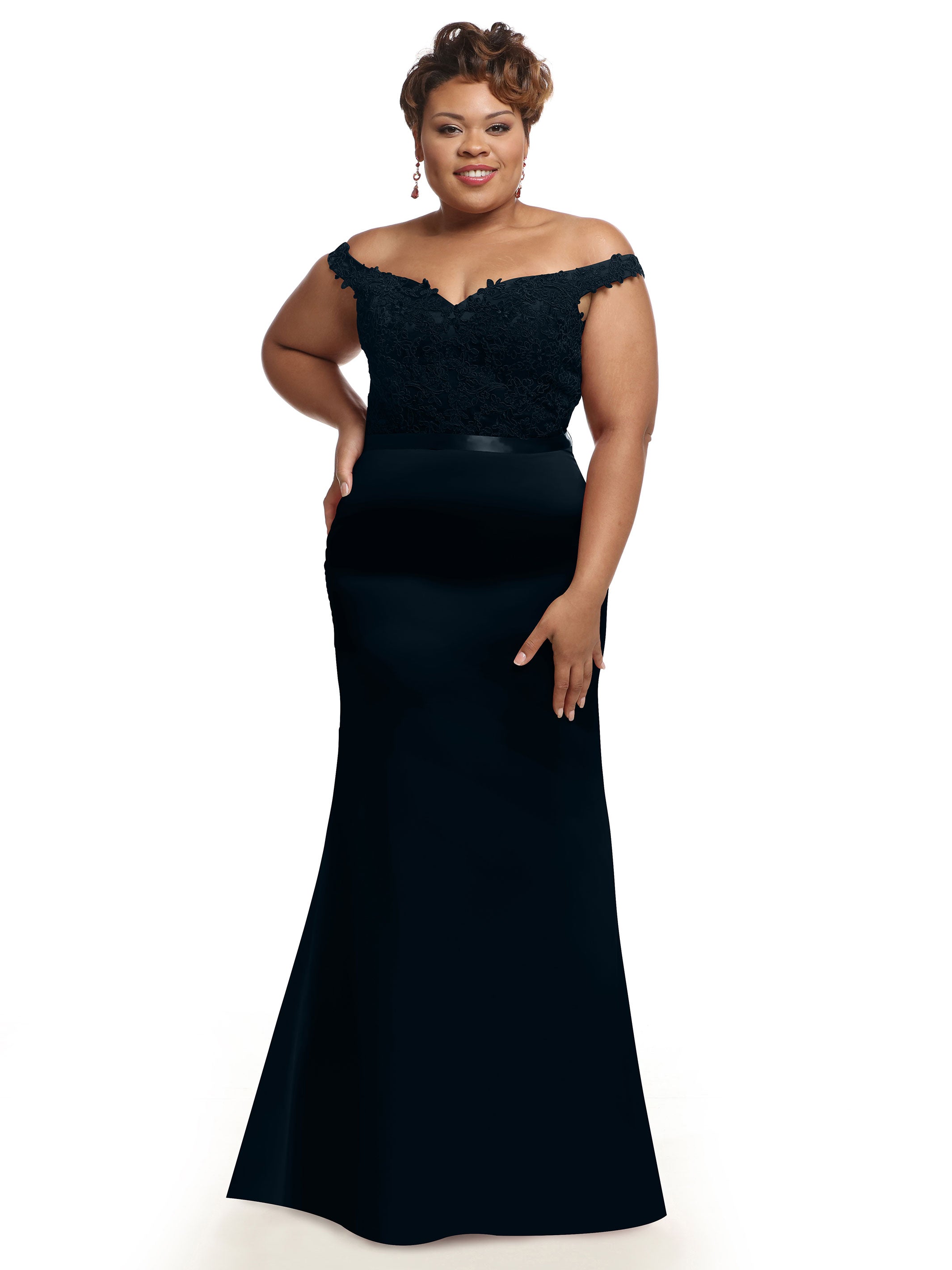 Elegant 80104 Satin Off-The-Shoulder Bridesmaid Dress with Lace Bodice & Waist Sash - Perfect for Weddings, Proms & Formal Events