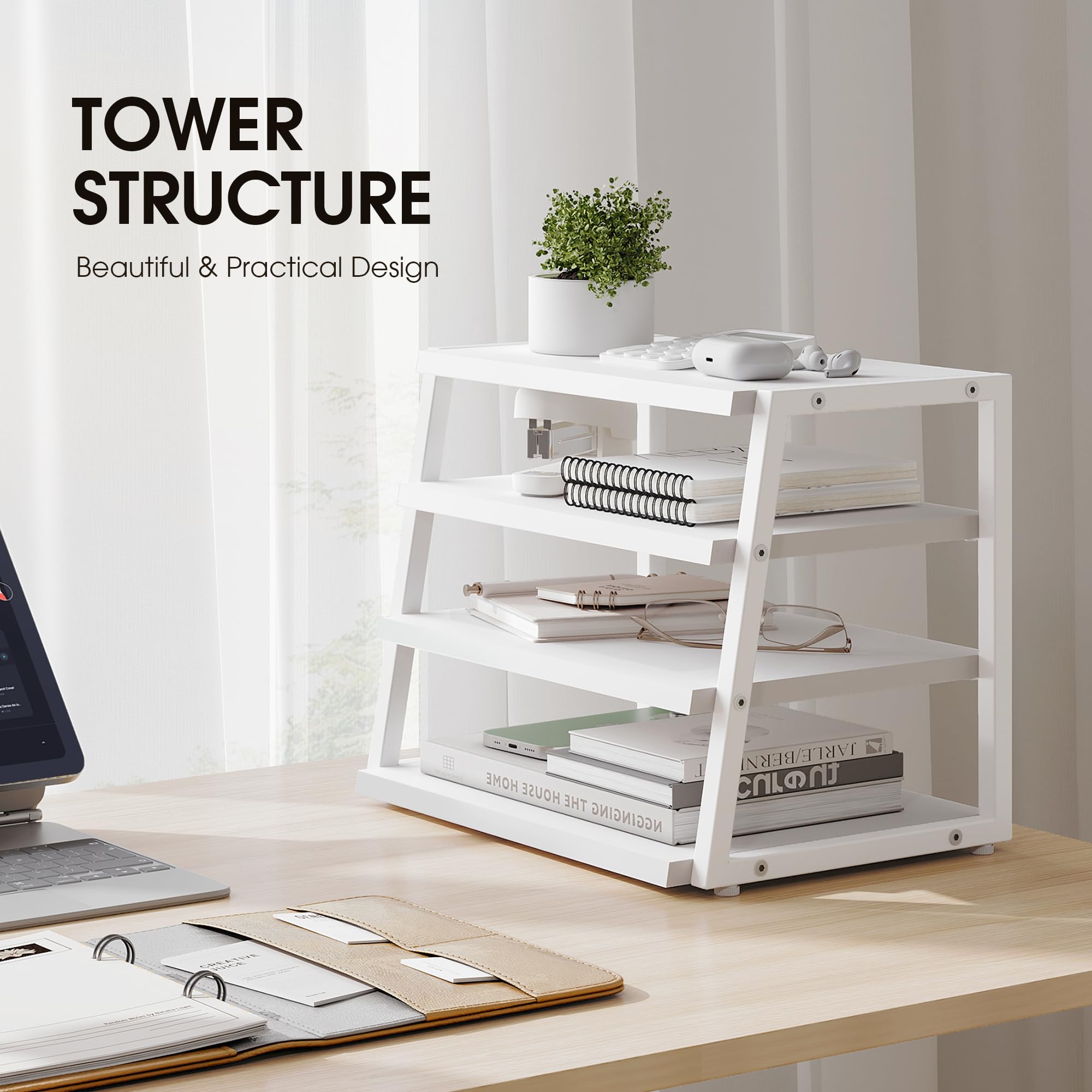 4 Tier Wood and Metal Desk Shelf Organizer - Corner File Holder for Office Supplies, Top of Desk Storage Accessories - Perfect for Home Office, Study, and Workspace Organization