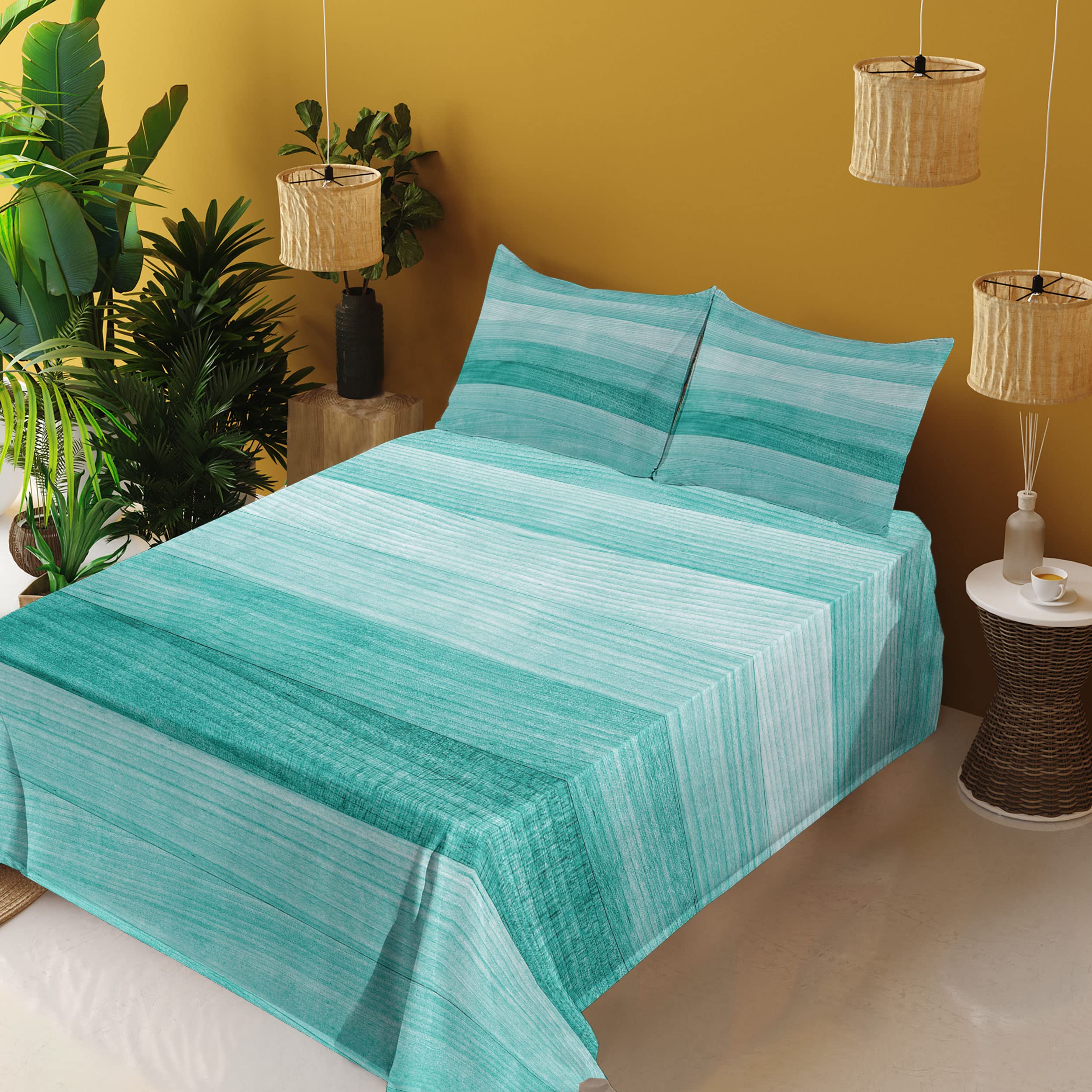 Ambesonne 4-Piece Teal Sheet Set with Painted Wood Board Print - Fitted Sheet, Flat Sheet & 2 Pillowcases - Turquoise Bedding for Easter, Holidays & Birthday Decor - Perfect for Guest Rooms, Dorms & Cozy Bedroom Makeovers