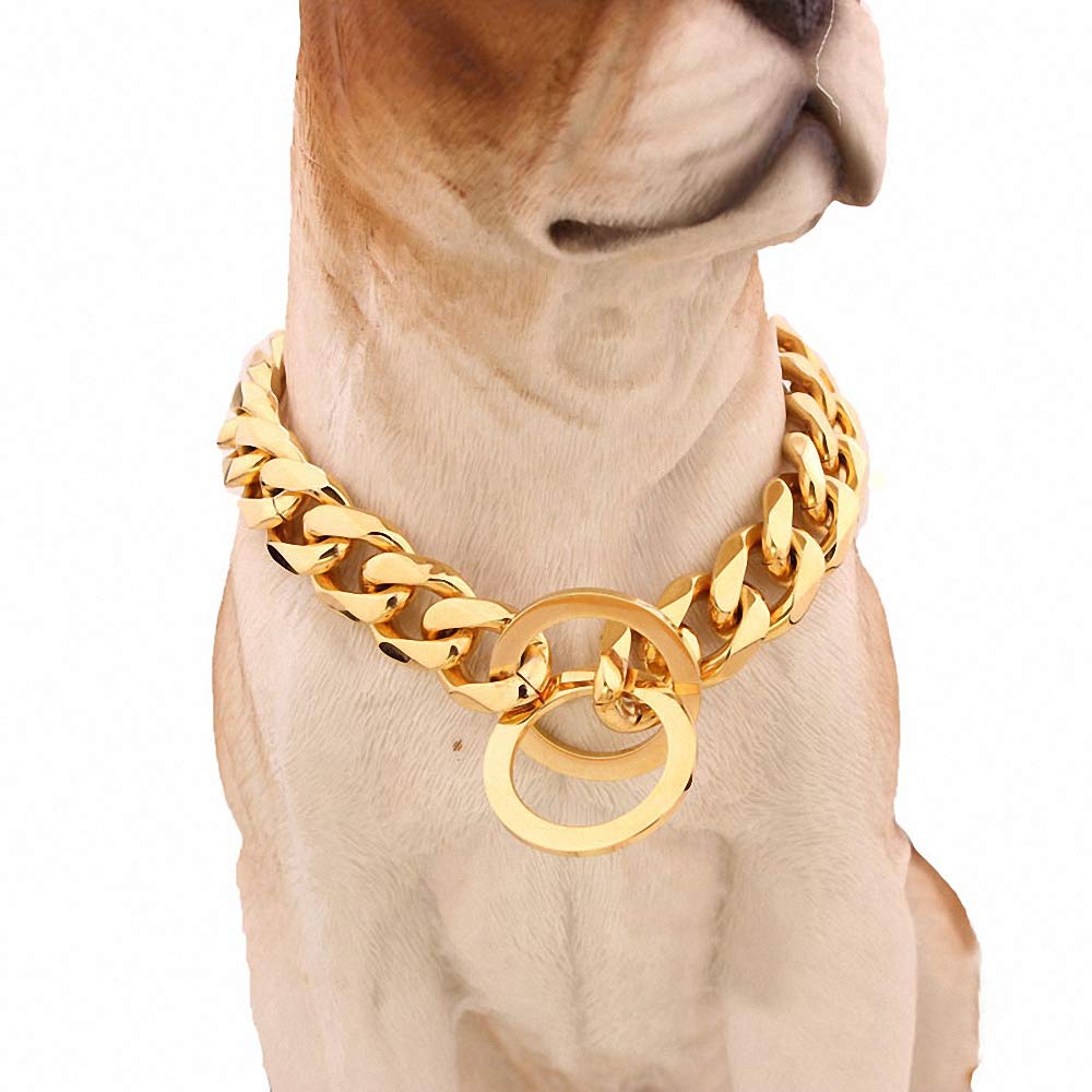 15mm Heavy Duty Silver & Gold Stainless Steel Slip Dog Collar - 32 Inch Choke Chain for Large Breed Dogs - Durable Training Collar for Walking, Obedience & Behavior Control