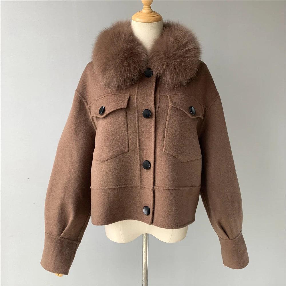 Luxury Women's Cashmere Wool Coat with Real Fur Collar - Winter Cropped Jacket, Full Sleeves & Pockets - Streetwear Outerwear for Cold Weather & Fashion Outings