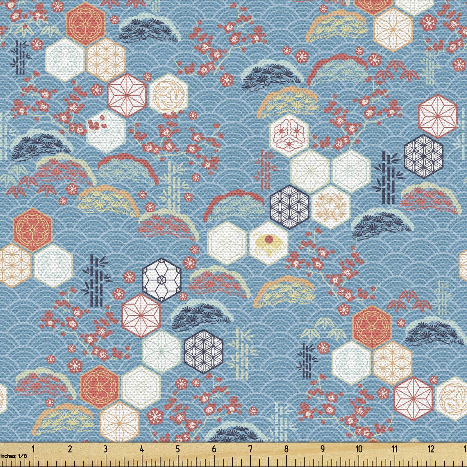 Ambesonne Ethnic Fabric by The Yard - Asian Inspired Hexagon Flower & Half Circle Pattern Upholstery Fabric, 10 Yards Blue Multicolor Decorative Material for Sofa, Curtains & Home Decor | Perfect for DIY Projects, Pillow Covers & Wall Hangings