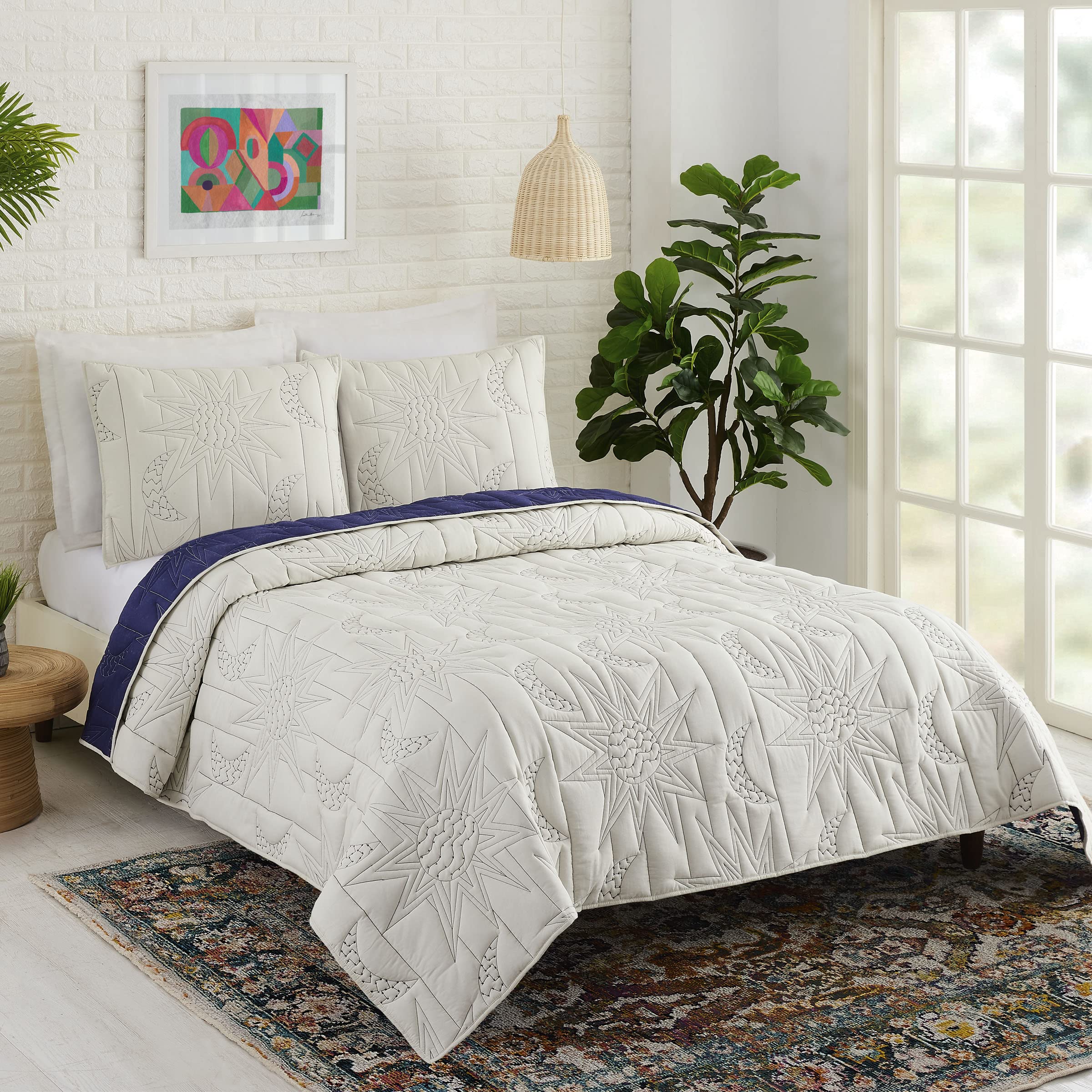 Justina Blakeney Makers Collective Sun & Moon Twin Quilt Set - Natural & Blue Boho Bedding for Teens & Adults - Perfect for Bohemian Bedrooms & Dorm Decor