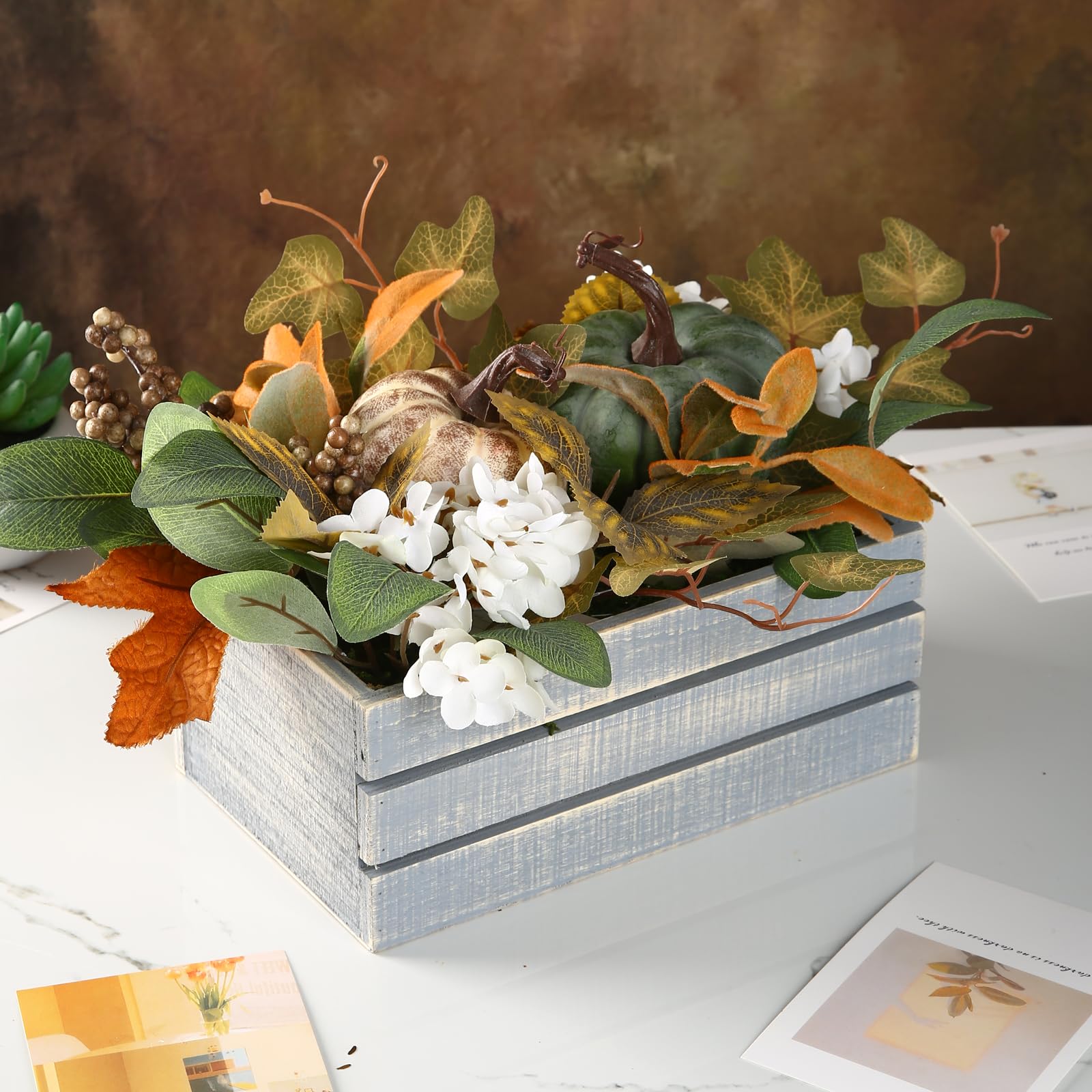 Artificial Fall Leaves & Pumpkins Arrangement in Wooden Crate - Autumn Tiered Tray Decor with Fake Flowers for Harvest Thanksgiving - Perfect for Table Centerpieces, Shelf Displays & Home Decor - Ideal for Fall Weddings, Thanksgiving Dinners & Seasonal Home Styling