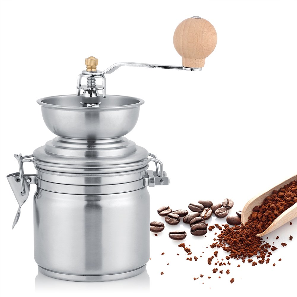 Premium Adjustable Stainless Steel & Ceramic Burr Coffee Grinder with Wooden Handle - Portable Manual Hand Mill for Fresh Coffee Beans, Spices, and Nuts - Perfect for Home, Camping, Travel & Barista Use (Sliver)