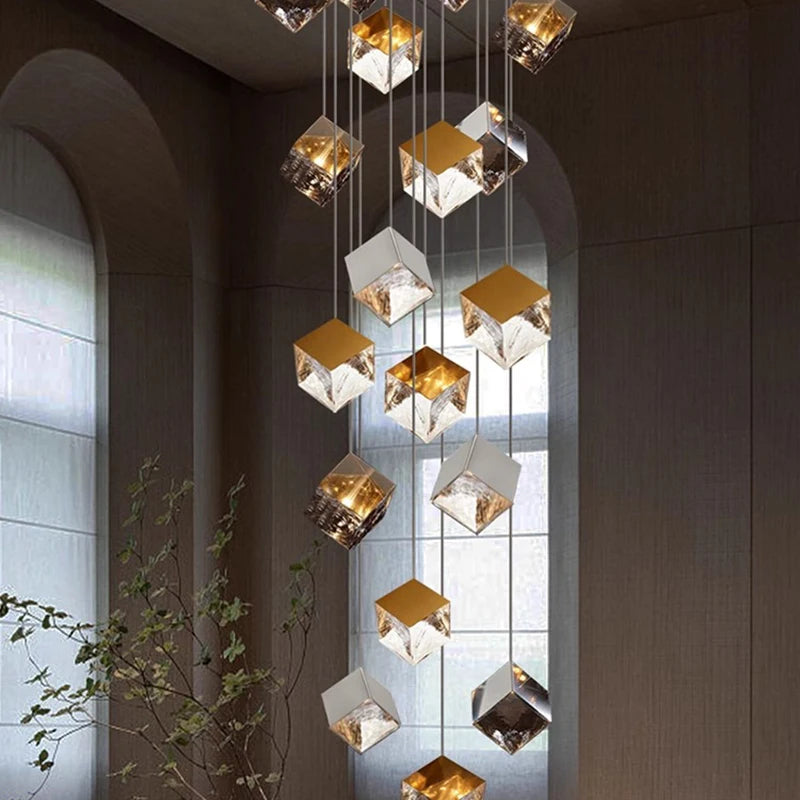 Aren Cube Large Pendant Light for High Ceilings - Modern Industrial Chandelier for Living Room, Dining Room & Entryway Lighting